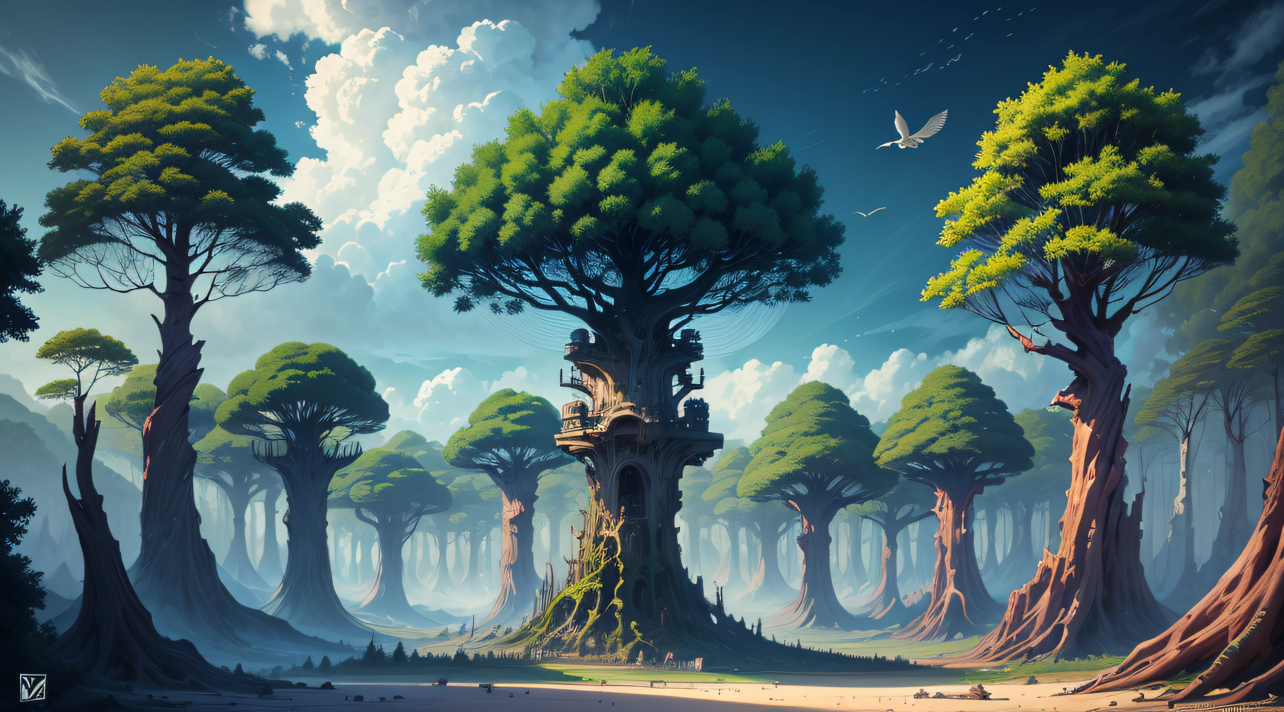 Forest with giant trees, cachoeiras, lindo logo com aves coloridas, sky with clouds, planetas, rochas grandes, with giant alien constructions, realista, fantastical,