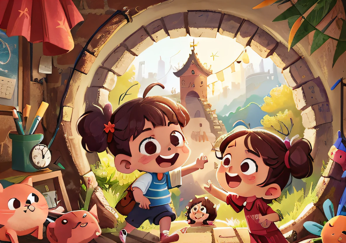 Two children climb the Great Wall,Great Wall,Tower,cheerfulness,rejoice,Perfect quality,Clear focus(Clutter - home:0.8), (master-piece:1.2) (Lifelike:1.2) (bokeh) (best qulity) (detailedskin:1.3) (Complex details) (8K) (detailedeyes) (Sharp focus),(having fun)
