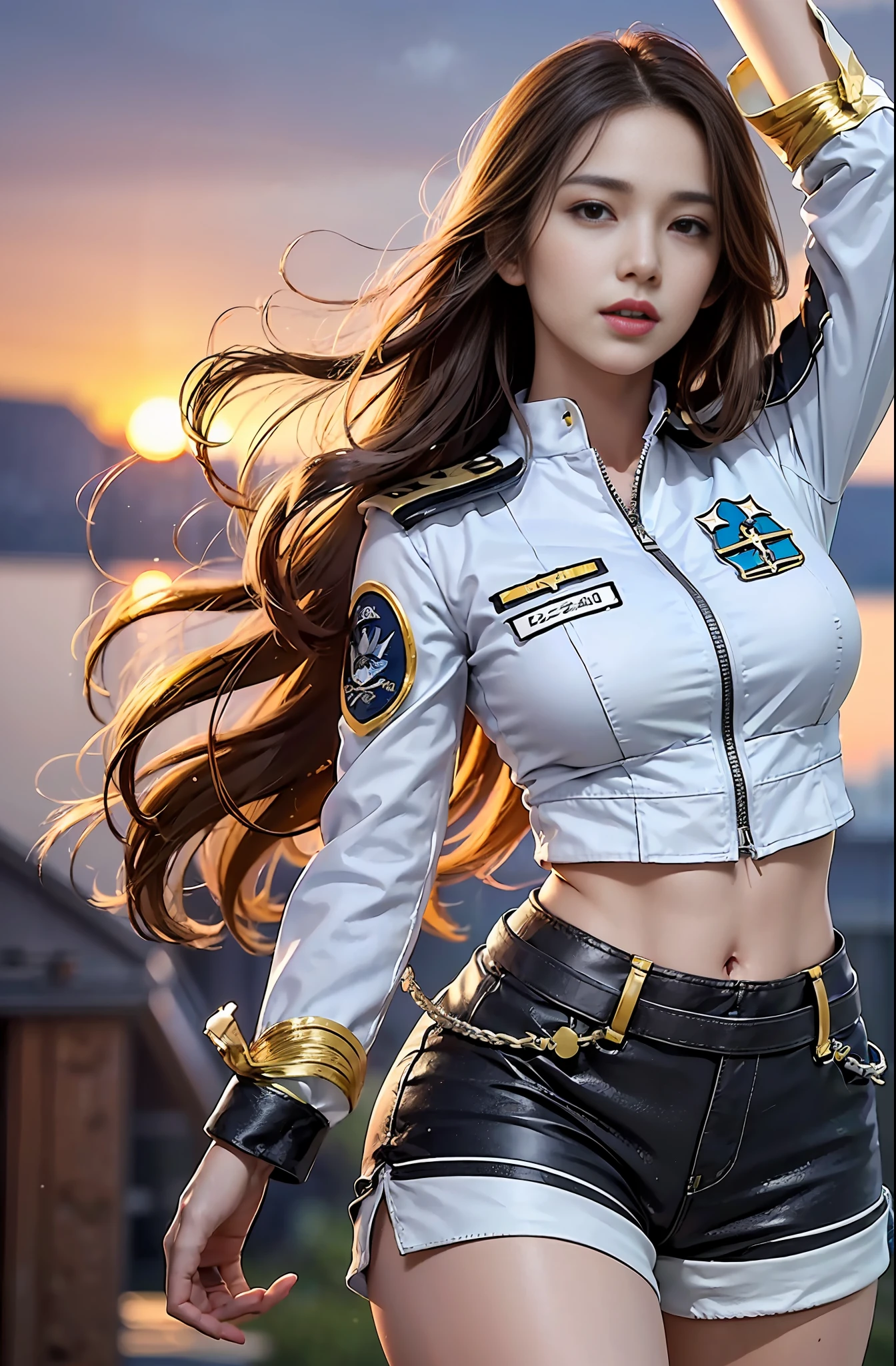 (Best quality, 8k, 32k, Masterpiece, UHD:1.2), (realistic:1.5), (masterpiece, Extremely detailed CG unity 8k wallpaper, best quality, highres:1.2), (ultra detailed, UHD:1.2), Photo of extremely cute and beautiful Japanese woman, (chestnut long wavy hair:1.2), adult, (detailed beautiful girl:1.4), best quality, woman, adult, (detailed US air-force pilot captain uniform:1.3), (white pilot captain shirt:1.3), (black high-waist shorts:1.3), (Beautiful sunset US air force base runway view background:1.2), embarrassed laughing:1, looking at viewer, facing the viewer, ((perfect female body)), (narrow waist:1.2), (upper body image:1.3), slender, abs, (large breasted:1.25), frame the head, wind, dynamic pose, cinematic light, back light, detailed clothes, perfect anatomy, perfect proportion, detailed human body, stylish model pose,