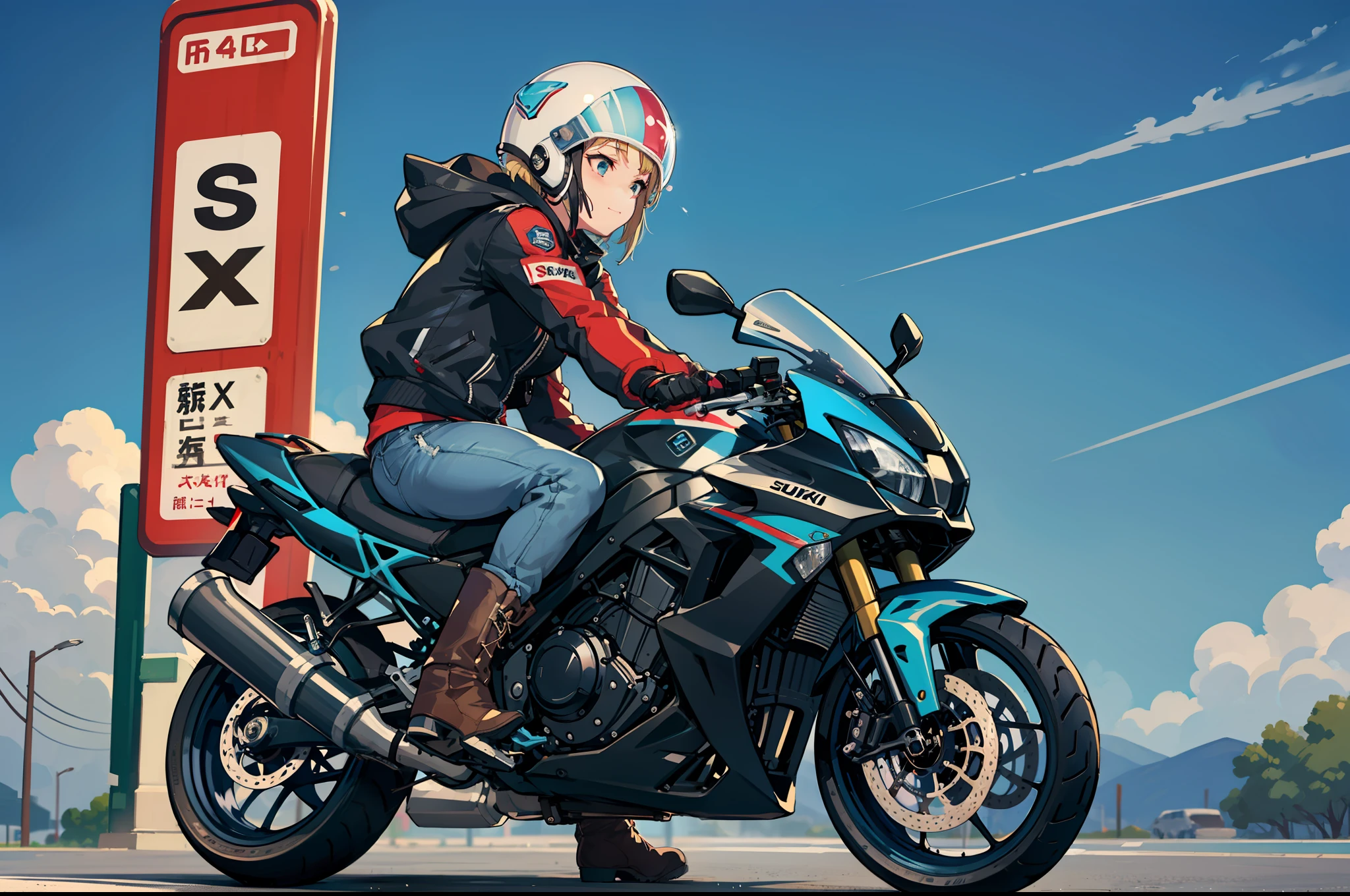 Beautiful highschool girl、touring、Wearing a full-face helmet、Riding jacket、Damaged jeans、Bike Gloves、Engineer Boots、roadside station、Alafed Blue Bike, futuristic suzuki, with a blue background, Blue, yoshimura exhaust, Sky Blue, motorcycle, motorcycle, Motorcycles,riding, full device,