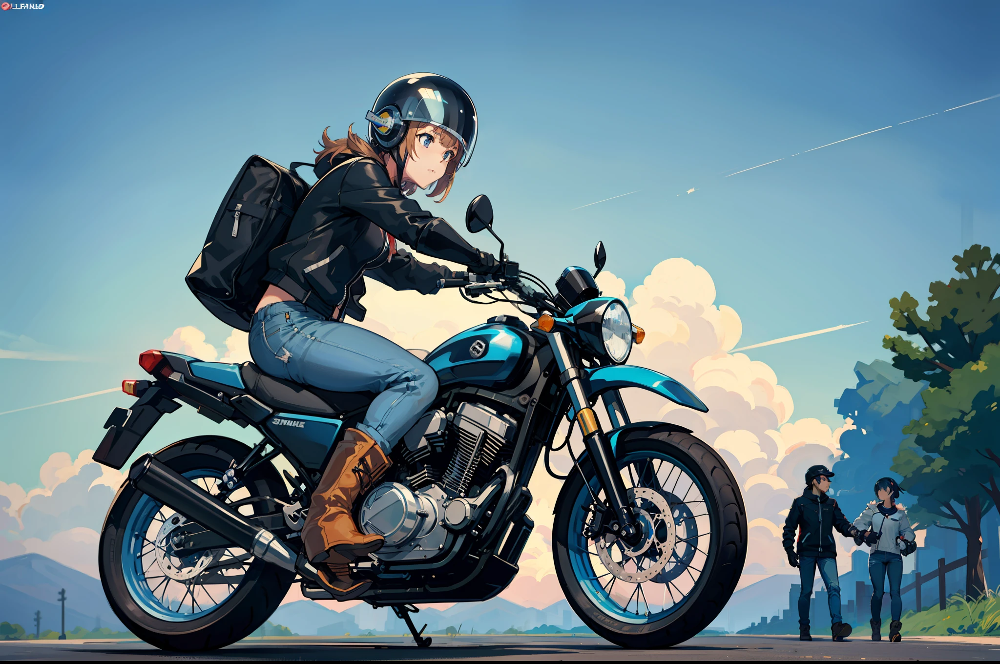 Beautiful highschool girl、touring、Wearing a full-face helmet、Riding jacket、Damaged jeans、Bike Gloves、Engineer Boots、roadside station、Alafed Blue Bike, futuristic suzuki, with a blue background, Blue, yoshimura exhaust, Sky Blue, motorcycle, motorcycle, Motorcycles,riding, full device,