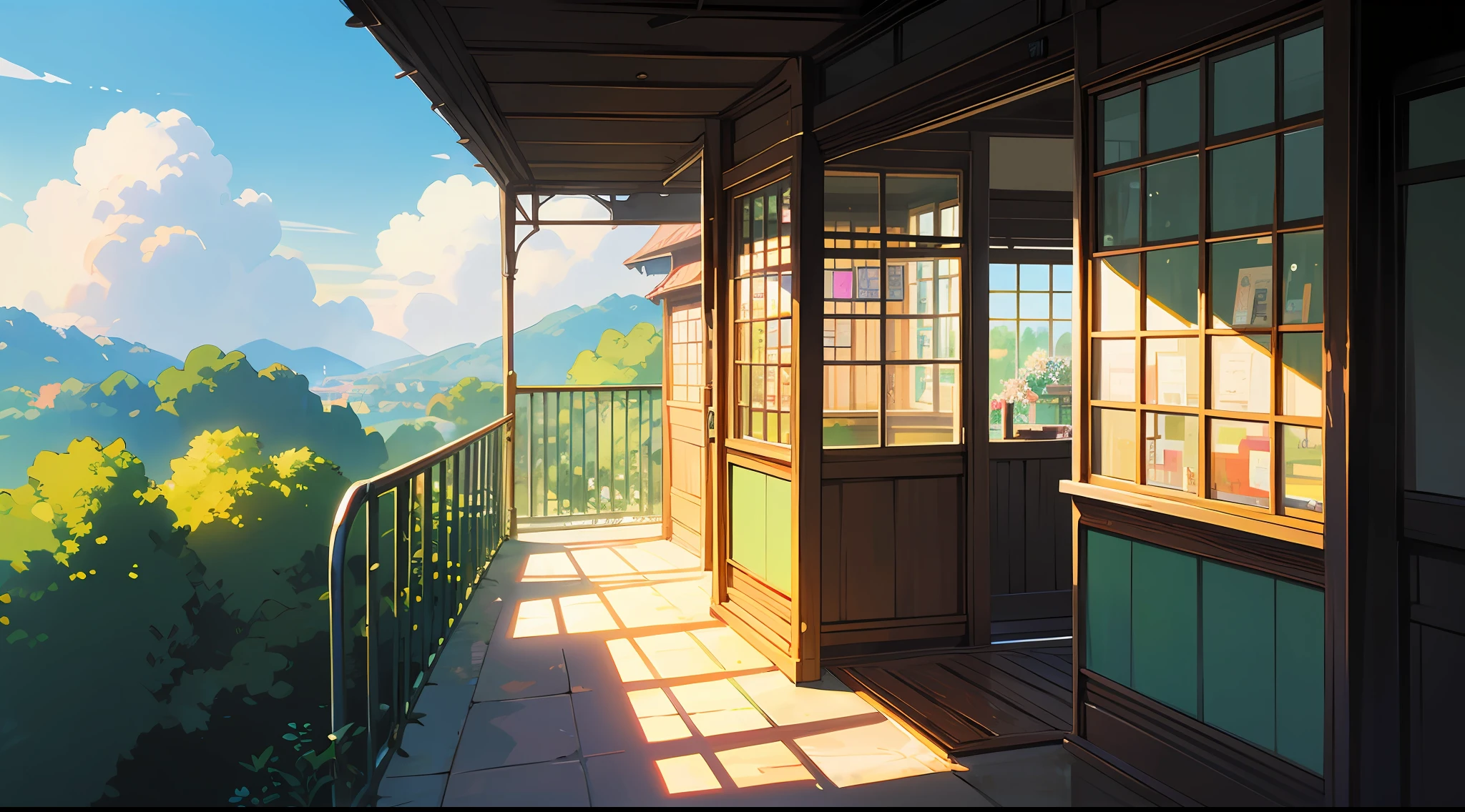 anime - style image of a small store with a balcony and a balcony, anime background art, high detailed store, in style of makoto shinkai, style of makoto shinkai, studio ghibli sunlight, beautiful anime scene, beautiful anime scenery, detailed scenery —width 672, studio glibly makoto shinkai, by Makoto Shinkai