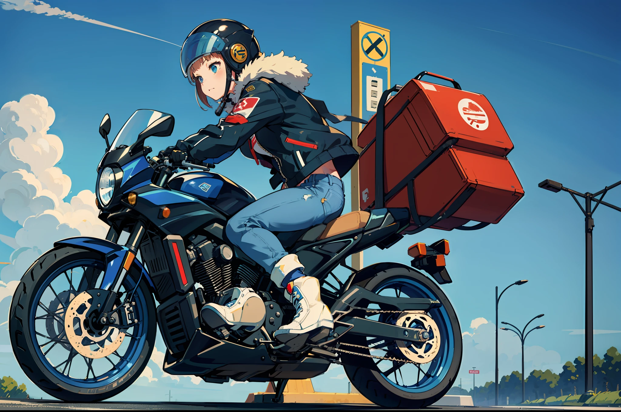 Beautiful highschool girl、touring、Wearing a full-face helmet、Riding jacket、Damaged jeans、Bike Gloves、Engineer Boots、roadside station、Alafed Blue Bike, futuristic suzuki, with a blue background, Blue, yoshimura exhaust, Sky Blue, motorcycle, motorcycle, Motorcycles,riding, full device,