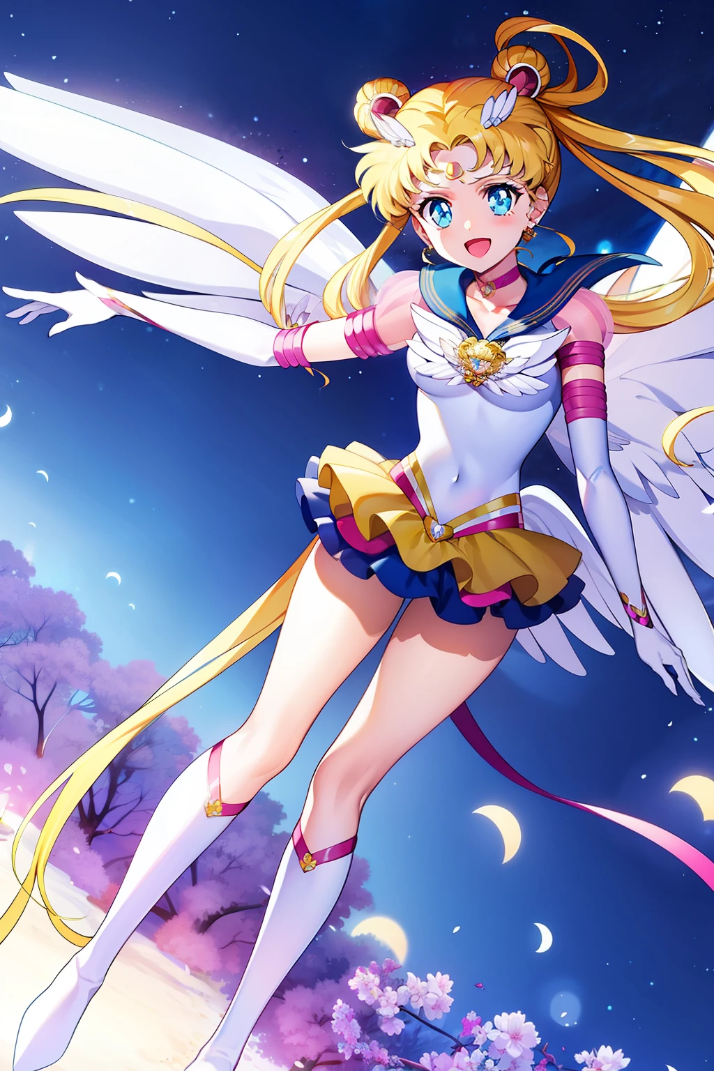 1girl,  eternal sailor moon, night sky,  cherry blossoms, detailed face, face focus, shiny skin, smile, game cg,  torino aqua, nigh sky, moonlight, moon, (wings 1.5), white gloves, fullbody