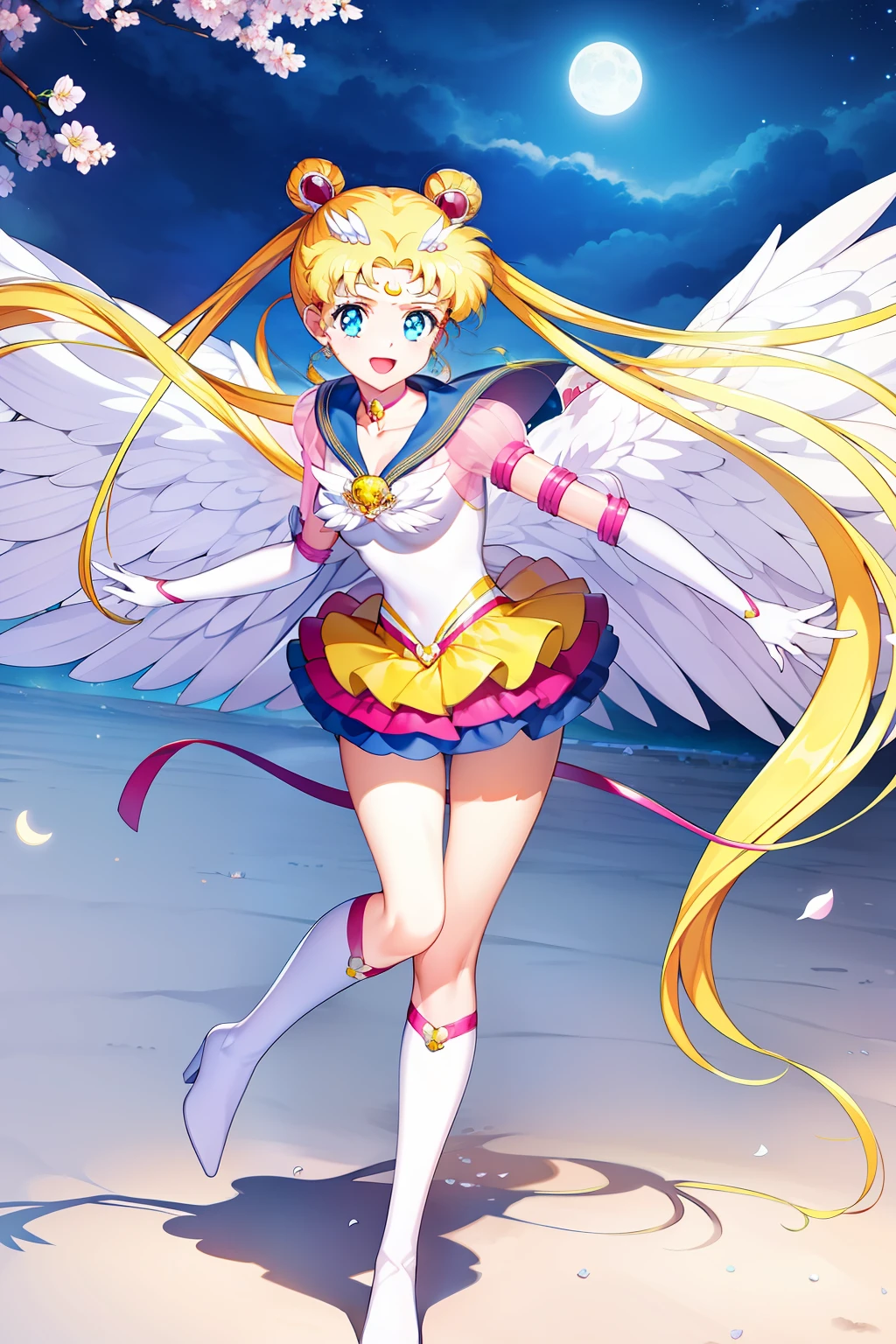 1girl,  eternal sailor moon, night sky,  cherry blossoms, detailed face, face focus, shiny skin, smile, game cg,  torino aqua, nigh sky, moonlight, moon, (wings 1.5), white gloves, fullbody