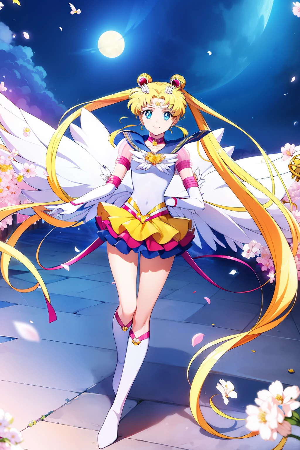 1girl,  eternal sailor moon, night sky,  cherry blossoms, detailed face, face focus, shiny skin, smile, game cg,  torino aqua, nigh sky, moonlight, moon, (wings 1.5), white gloves, fullbody