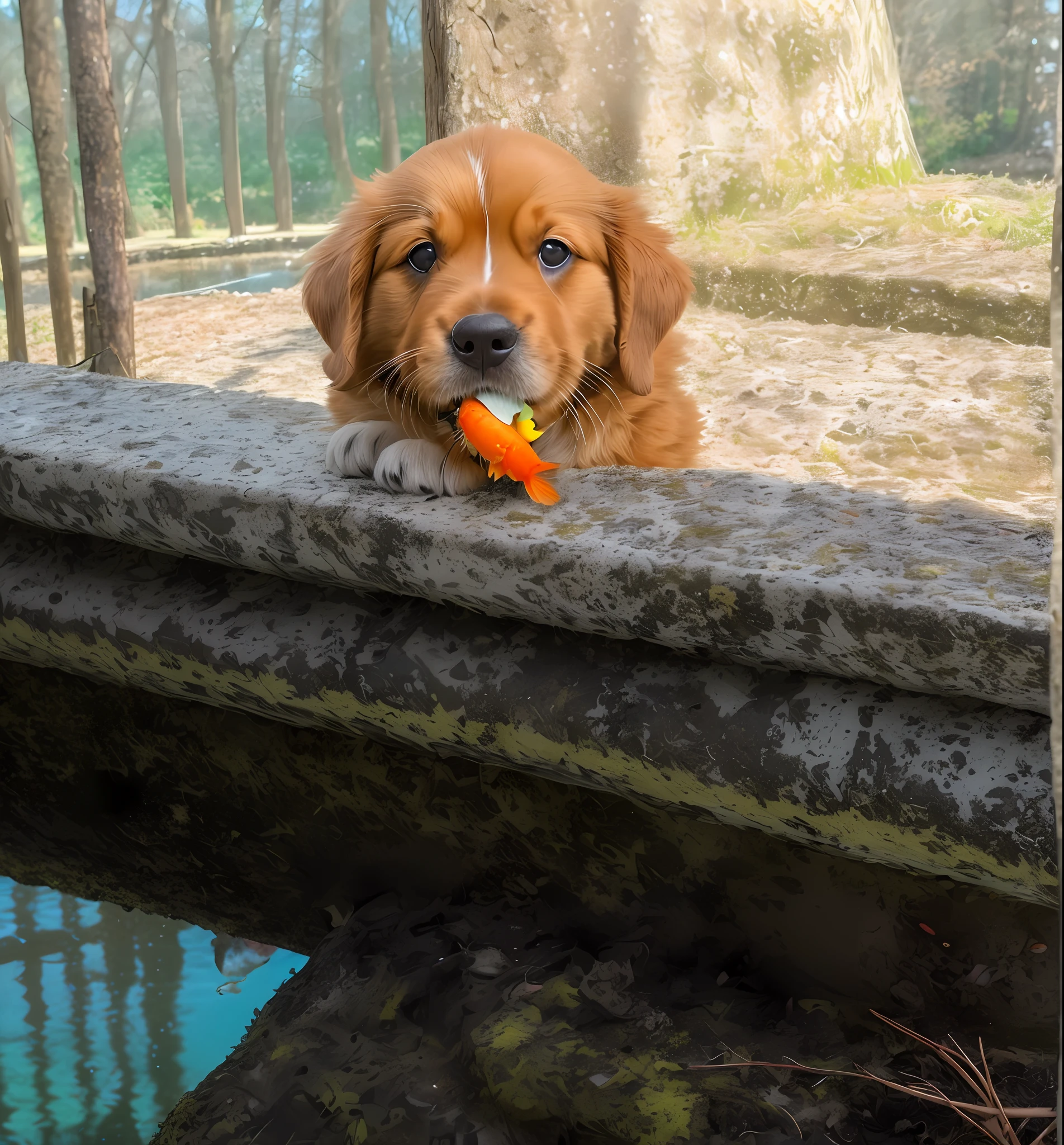 The puppy has a goldfish in its mouth