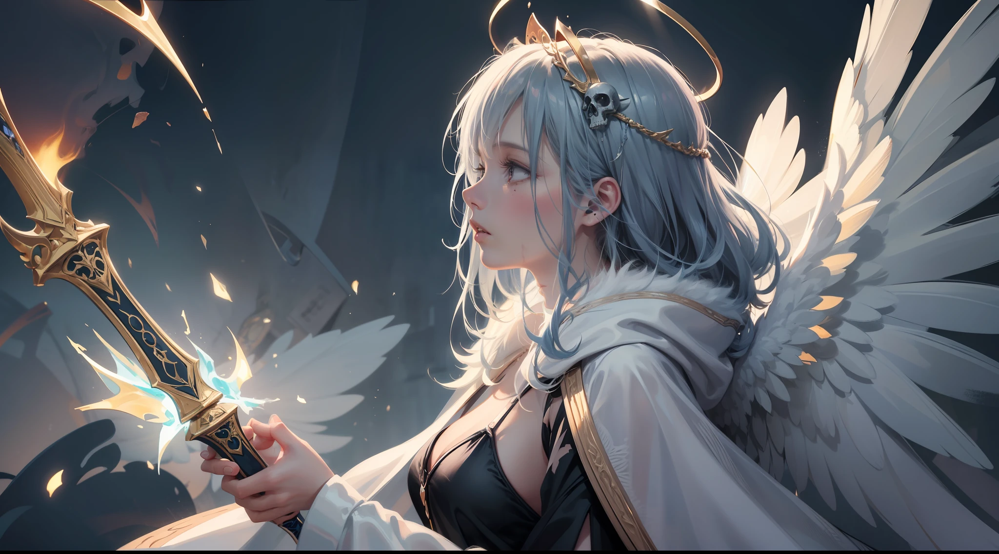 A high-quality oil painting, a masterpiece of art,
depicting a girl in a white cloak,
her blood-stained wings hanging low,
deep shadows and a cold, low-key light setting the mood,
Her hair was disheveled，Stained with blood,
a skull and broken sword lying at her feet,
She lowered her head，Struggling to hold the sword,
her halo shattered and broken,
lighting effects enhancing the horror of the scene,
shot in a slightly side profile,
A lingering disturbing picture，Lingering in the mind,
a list of multiple directors, photographers, photographers, fashion designers who would be unlikely to collaborate but would juxtapose uniquely: Guillermo del Toro, Roger Deakins, Tim Burton, Alexander McQueen, Cindy Sherman, Salvador Dalí.