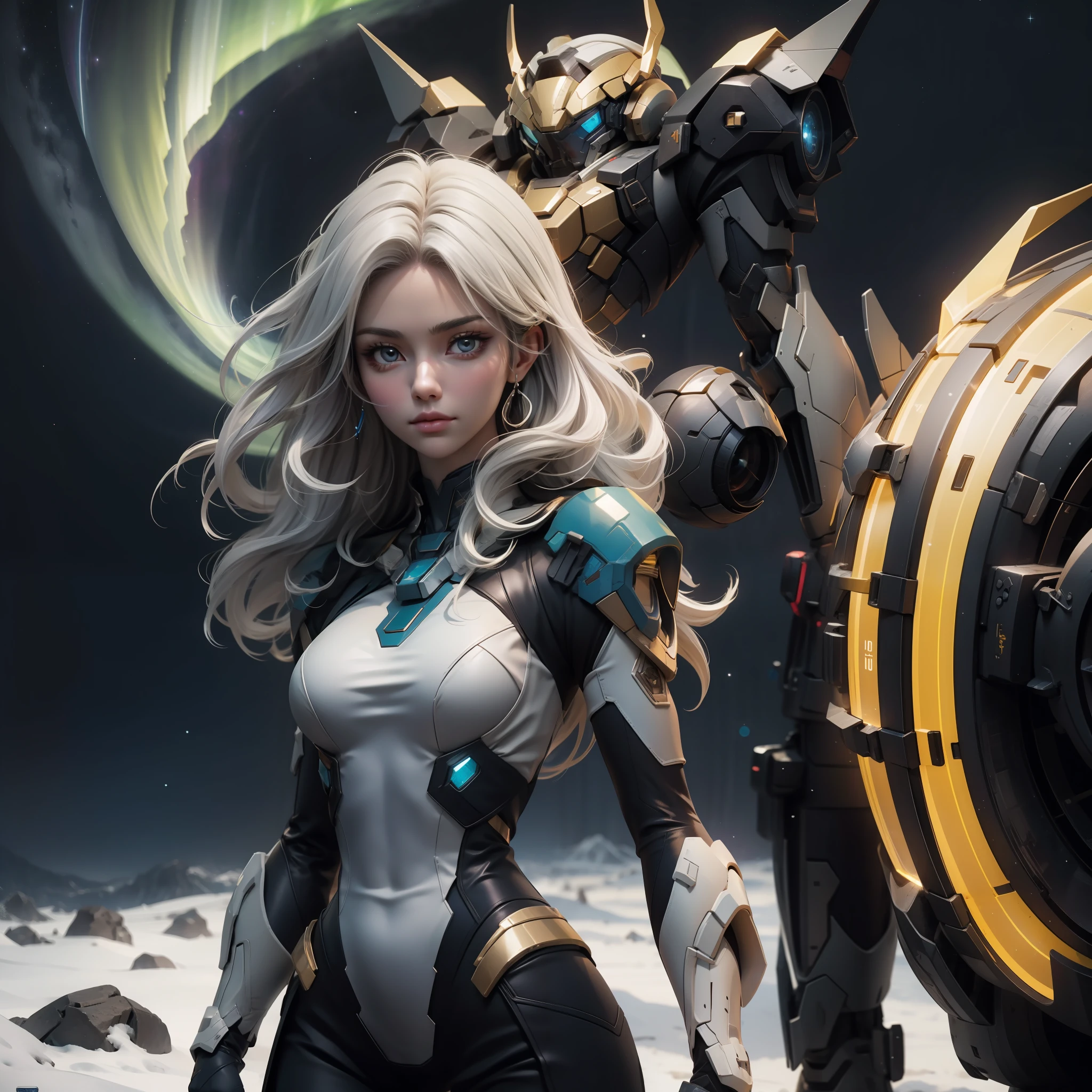 1girl,star_\(sky\), starry_sky, night, shooting_star, night_sky, space, milky_way, 1girl, sky, mecha, long_hair, weapon, snowing, galaxy, light_particles, constellation, space_craft, aurora, white_hair, armor, photography, masterpiece, best quality, 8K, HDR, highres, absurdres:1.2, Kodak portra 400, film grain, blurry background, bokeh:1.2, lens flare, (vibrant color:1.2),gril.