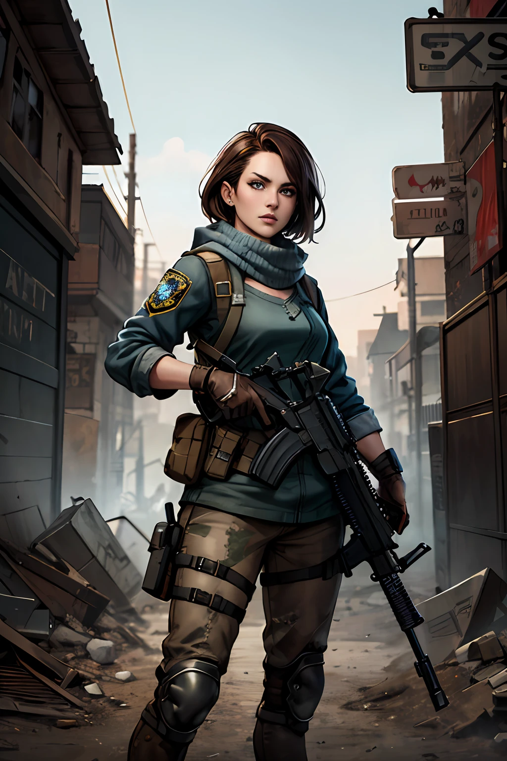 masterpiece, best quality, 8k, artstation, wallpaper, splash art, sharp focus, beautiful woman, in post-apocalyptic wasteland. wearing survivor gear, (solo), (using an assault rifle), (brown hair), dark blue eyes