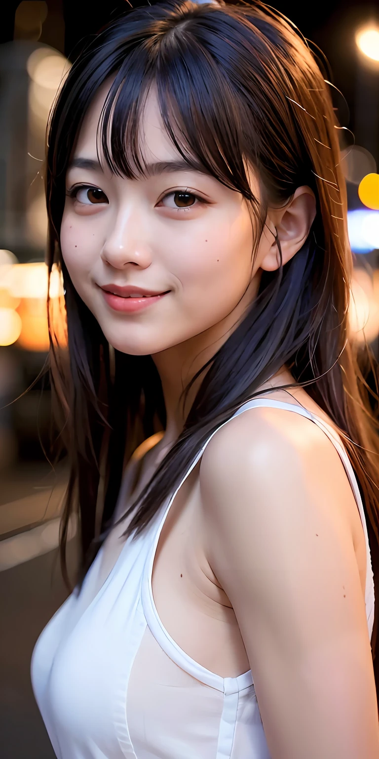 1girl, Tokyo street,night, cityscape,city lights,upper body,close-up,smile,, (8k, RAW photo, best quality, masterpiece:1.2),(realistic, photo-realistic:1.37),