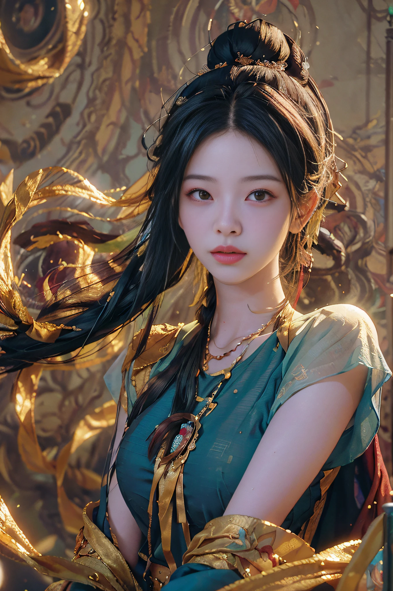 (RAW photo, best quality), (realistic, photo-realistic:1.3),best quality,highly detailed,masterpiece,ultra-detailed,illustration,1girl,upper_body,dynamic angle,world masterpiece theater,messy_long_hair,best quality,extremely detailed CG unity 8k wallpaper,ink,Amazing,cinematic lighting,lens_flare, dunhuang_style