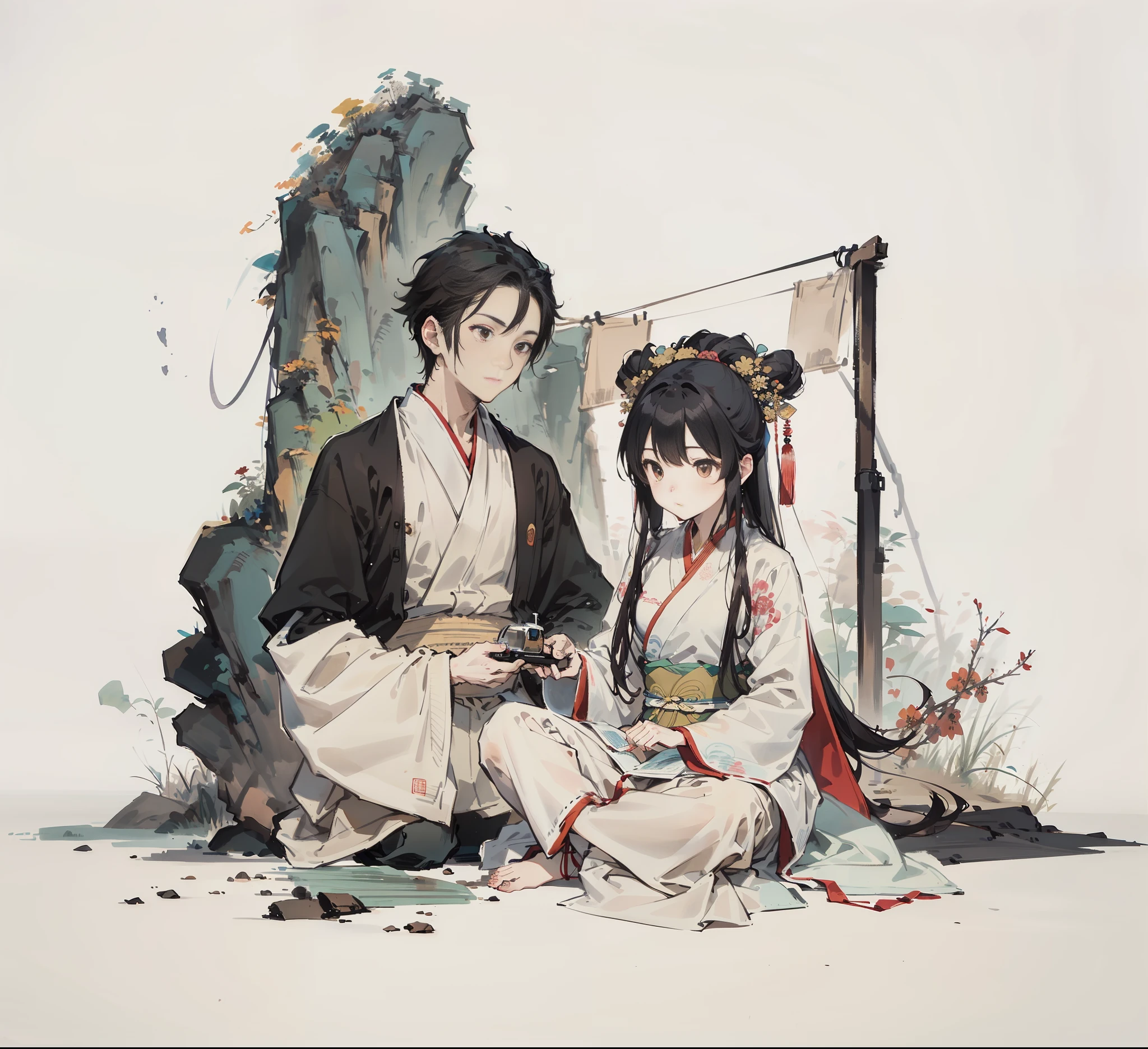 (Best Masterpiece), 8K,
(Chinese ancient painting style),(Long-range shots),A man and a woman practice in the mountains,Posture of meditation,couple,serious expression,The background is an ancient Chinese landscape landscape,Chinese painting
