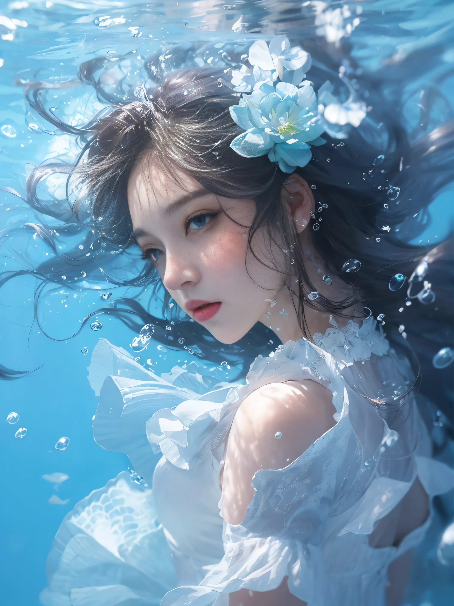 a close up of a woman in a white dress under water, wallpaper anime blue water, artwork in the style of guweiz, closeup fantasy with water magic, by Yang J, guweiz, a beautiful artwork illustration, water fairy, beautiful digital artwork, beautiful digital illustration, by Li Song, in the art style of bowater, beautiful anime portrait