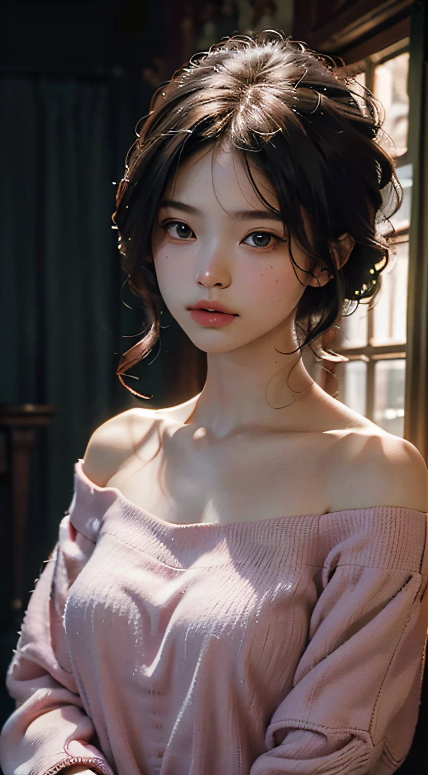 Best Quality, Masterpiece, Ultra High Resolution, (Realisticity: 1.4), Original Photo, 1girl, Pink Off-the-Shoulder, Cinematic Lighting