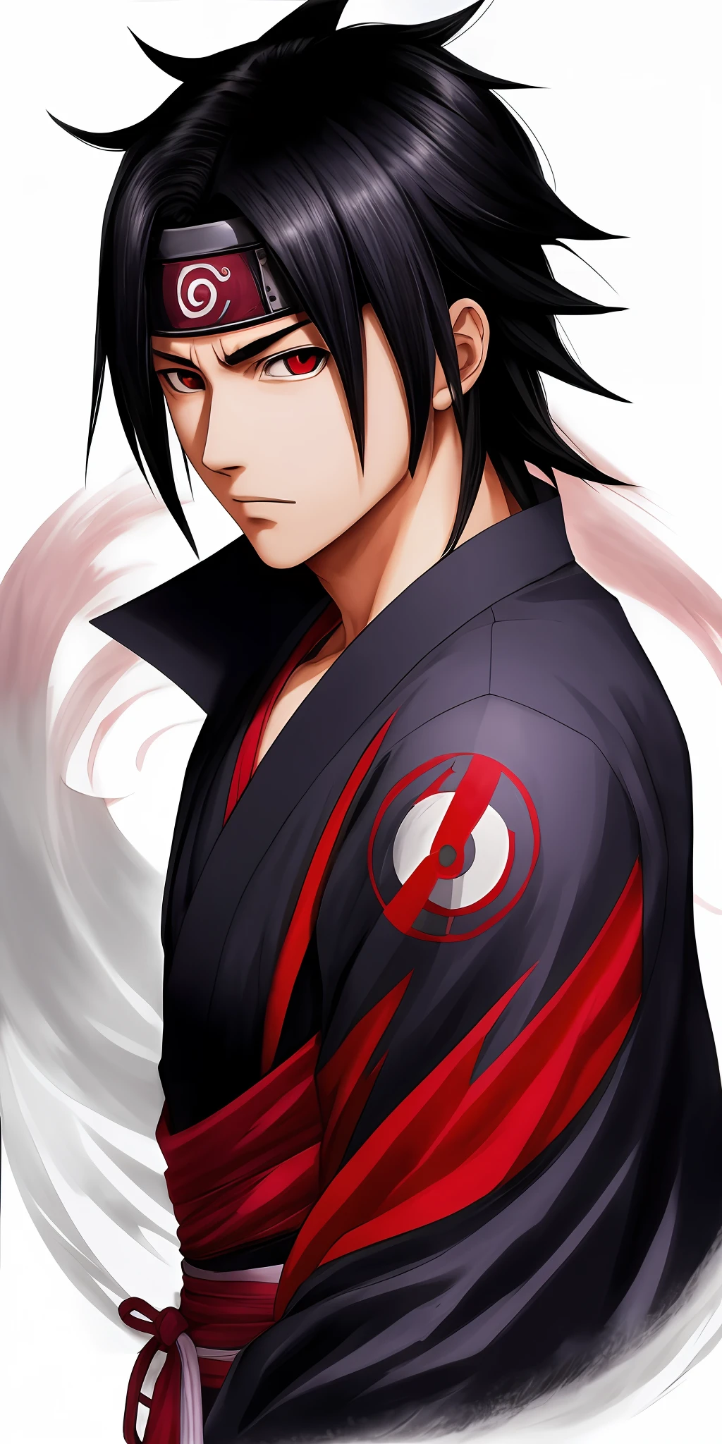 ''Uchiha Sasuke is one of the most handsome character in the series, with a handsome face. He wears the traditional clothes of the Uchiha clan with the clan emblem on the back. Focus on drawing the legendary Sharingan limited kekkei genkai eyes, eyes towards the viewer, detailed, meticulous, 8k quality. The scene of the leaf village in the Naruto manga by Kishimoto Masashi. Romantic style, style, super handsome appearance, cold personality, charming and sometimes no less "young buffalo", Uchiha Sasuke is the idol of many fans, especially women.''