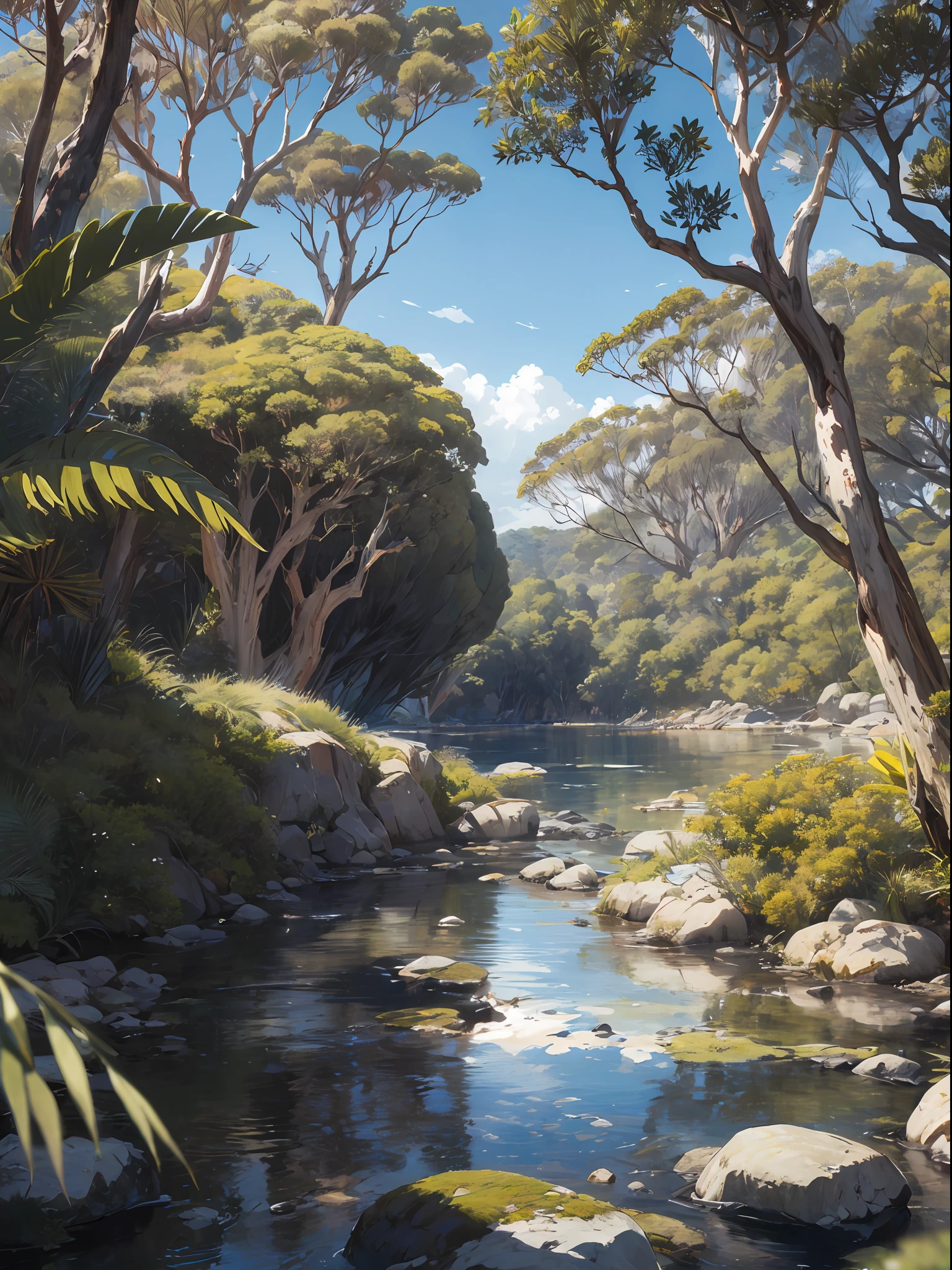 Rocky Australian seascape with gum trees and ferns in foreground