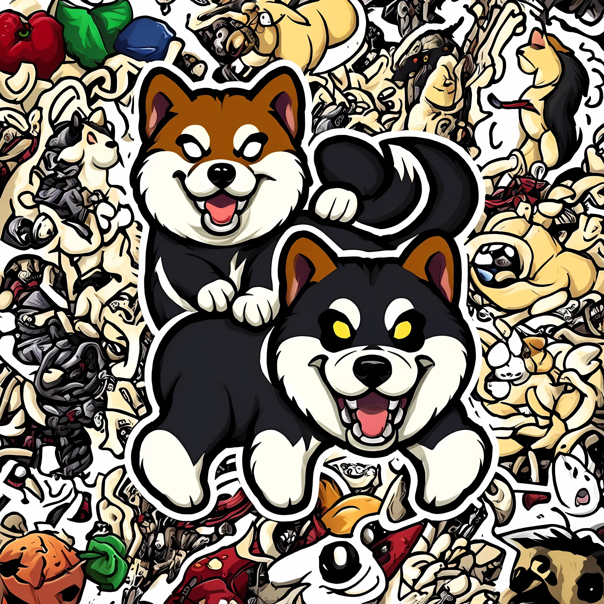 shiba inu、canine、Complex LA Style、nvinkpunk、Mario Alberti Art Style、Ghibli style、illutstration、sticker