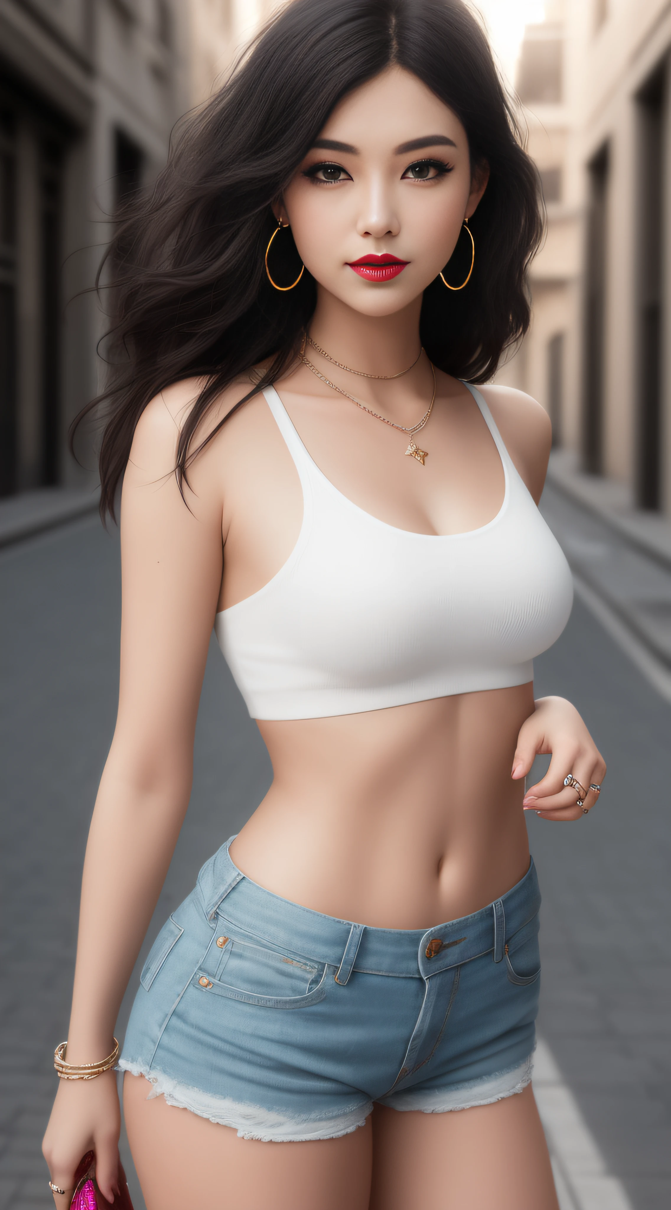 ((best qulity)),((master-piece)),((ultra-highresolution)),(Intricate details),(softly lit),cinematic lig,Dramatic,composition,A clear sky,Fauvism,The ultra-Realistically,Epic,A sense of awe,Crazy level of detail,1woman,(Beautiful body),hot pants,(White top)(Short and tight top),(full body in shot),(black long hair:1.5),35mm,sharp,superrealistic,gargantilha,(Detailed decorations),hairornaments,ear ring,armband, ring, Soft lips, Pink lipstick, Blue eyes, Narrow waist, Normal breasts, Real human skin, Lens flare, shadows, back lights, depthoffield, NaturalLighting, street background, Small laugh, Blushlush, depthoffield,front facing,full - body,standup