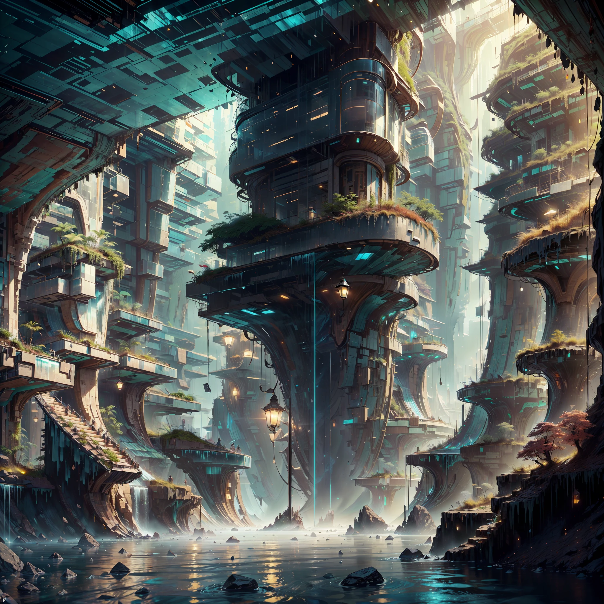 :an awesome sunny cheerful day environment concept art of Futuristic design of cave architecture interiors concept art on grand Canyon caves nature architecture, proportional,detailed, cave architecture nature meets futuristic architecture on a rainforest jungle cliff with huge waterfalls,Crepuscular rays, nature meets modern architecture in the style of Aries Moross, Rem Koolhaas,Daniel Libeskind, Jean Nouvel, Paolo Soleri,Toyo Ito and Philip Johnson with Dry brush drawing style ,Chiaroscuro village,cliff side residential area, mixed development,nature architecture,bright colors,high rise made up staircases, balconies, full of glass facades,carved from rocks, masterpiece, proportional, detailed, trending on artstation, beautiful lighting, realistic, intricate