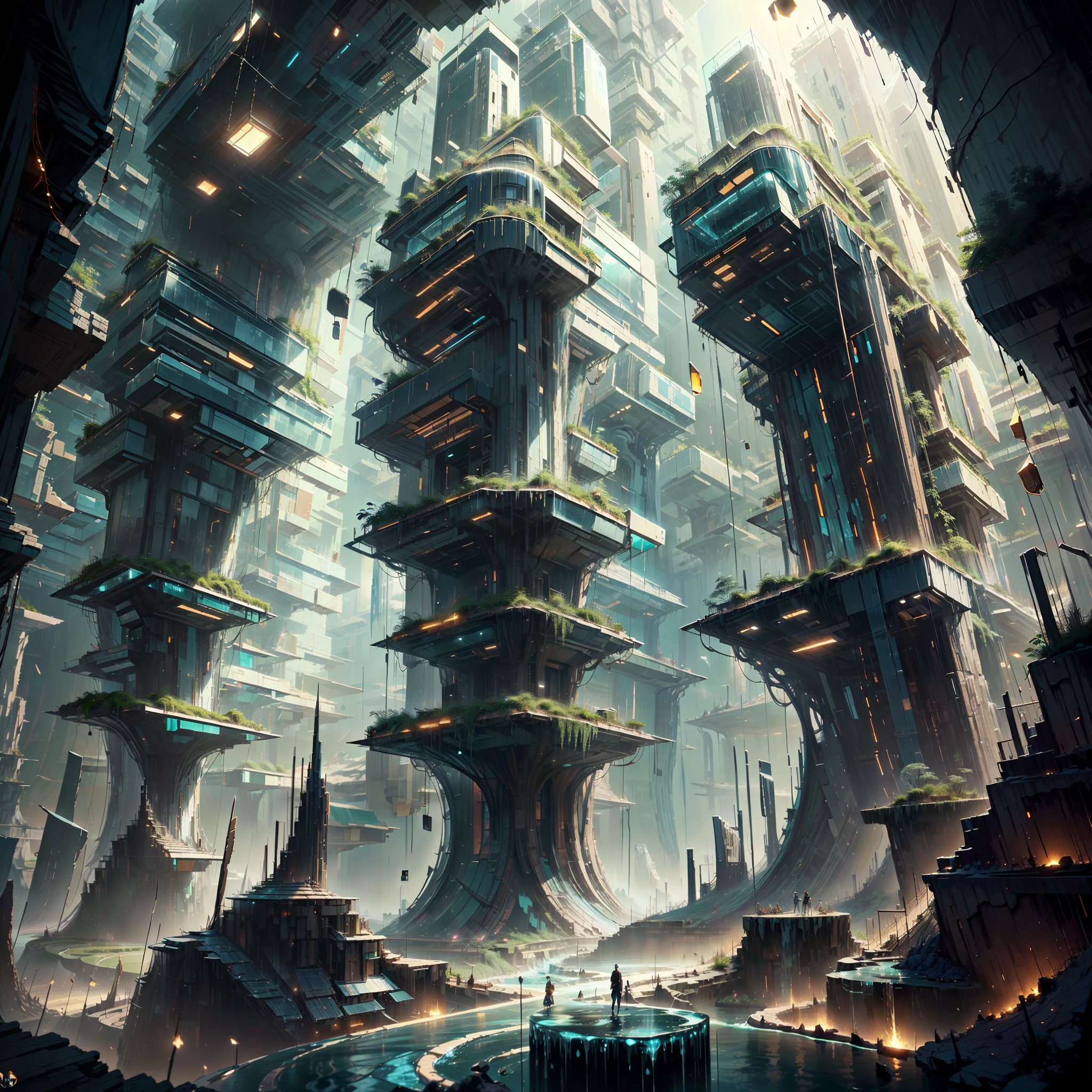 :an awesome sunny cheerful day environment concept art of Futuristic design of cave architecture interiors concept art on grand Canyon caves nature architecture, proportional,detailed, cave architecture nature meets futuristic architecture on a rainforest jungle cliff with huge waterfalls,Crepuscular rays, nature meets modern architecture in the style of Aries Moross, Rem Koolhaas,Daniel Libeskind, Jean Nouvel, Paolo Soleri,Toyo Ito and Philip Johnson with Dry brush drawing style ,Chiaroscuro village,cliff side residential area, mixed development,nature architecture,bright colors,high rise made up staircases, balconies, full of glass facades,carved from rocks, masterpiece, proportional, detailed, trending on artstation, beautiful lighting, realistic, intricate