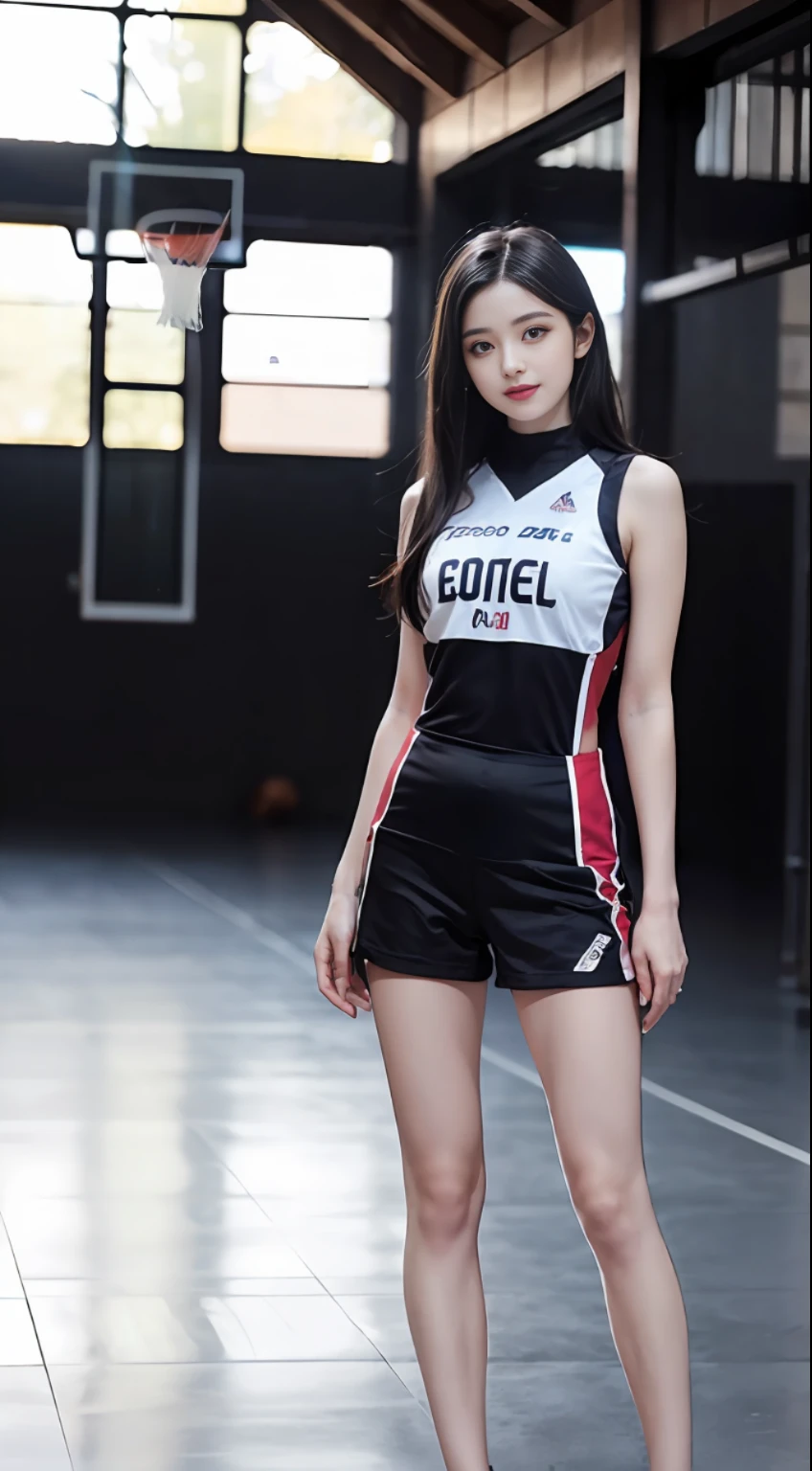 8K, Best Quality, Masterpiece: 1.2), (Realistic, Realistic: 1.37), Ultra Detailed, Best Quality, Ultra High Resolution, Professional Lighting, Photon Mapping, Teleportion, Physically Based Rendering, Film Lighting, Basketball Court, Depth of Field, Clear Focus, Sunlight, Good Composition, (Bokeh: 1.2) 1girl, solo, ((full body)), (shut up), beautiful and detailed eyes, pose, narrow waist, sexy basketball suit, black hair, messy hair, fluttering long hair, ( ulzzang-6500: 1.2), slim figure, slender legs, smile, big breasts