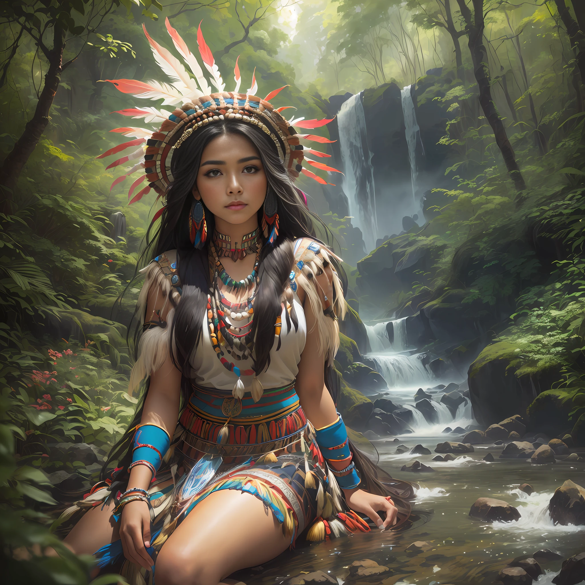 Arafed Mujer con manos perfectas, with dark brown eyes, con vestido nativo sentada frente a una cascada, : native american shamen fantasy, Retrato de la princesa Apache, Retrato de una joven Pocahontas, beautiful fantasy maiden, indio, Retrato de Pocahontas, hermosa doncella, beautiful young wind spirit, Reina Apache, she is dressed in shaman clothes, beautiful fantasy art portrait, beautiful young female shaman