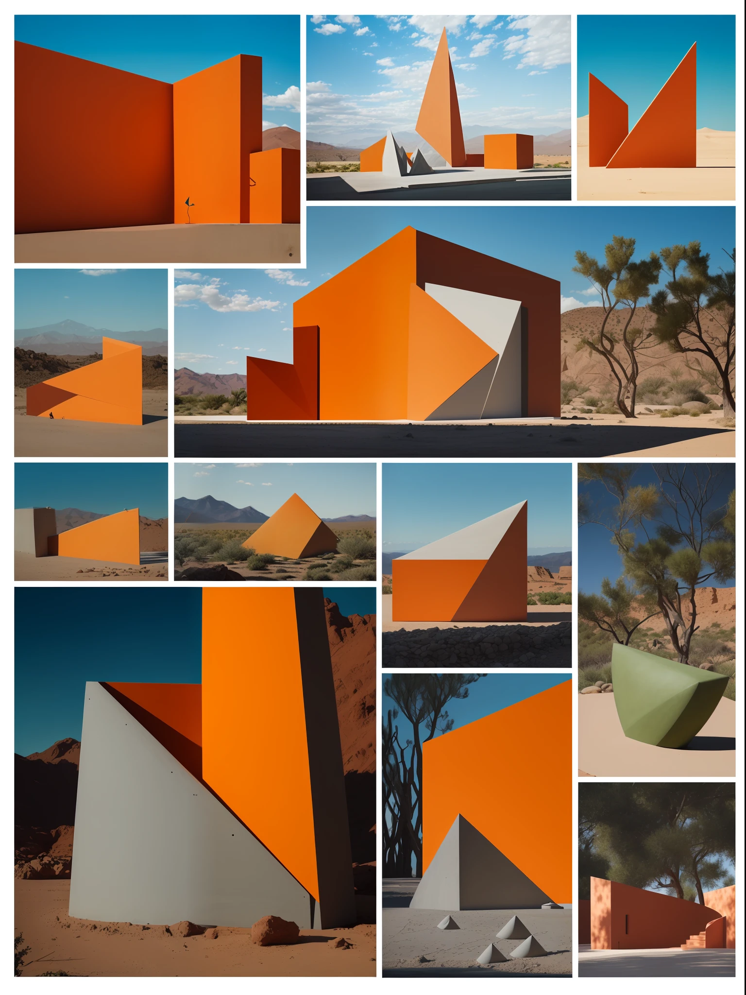 ((masterpiece, best quality)),illustration,ultra detailed 8k. (((An illustration of a build designed by Luis Barragán))), with a desertic vegetation garden, big rocks, cacti, lake, volcano in horizon, smooth clouds, (((illustration collage format))), ((Escher's art style)), (((multiple sections))), (orange, blue, olive green, grey, black and white), hard shadows, (((geometric sculptures))), concrete texture