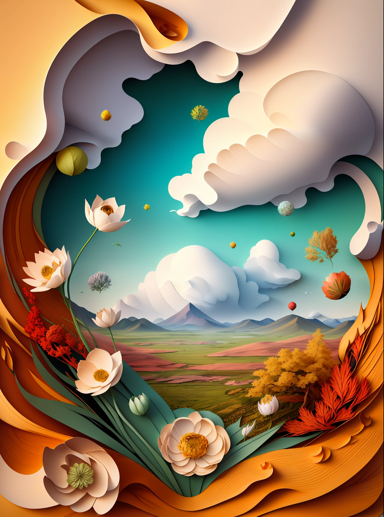 Natural and organic depictions of vast landscapes，Sky and steppe，ikebana，Clouds，extremely windy，Features earth tones and botanical motifs，Withdraw connections to nature and the environment，Influenced by botanical illustrations or environmental art，softlighting,(warm color:1.15),best quality exquisite details,3D rendering，Maple leaves，maple