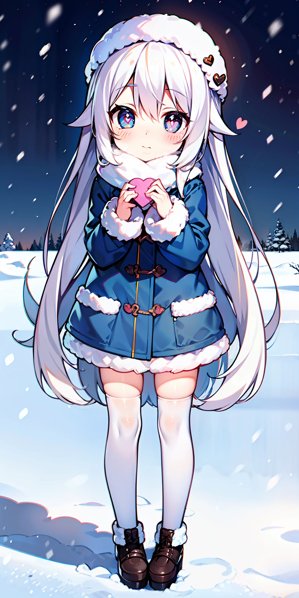 Loli, long hair, cute, heart-shaped pupils, solo, white hair, blush, winter, snow, outdoors, white stockings, standing