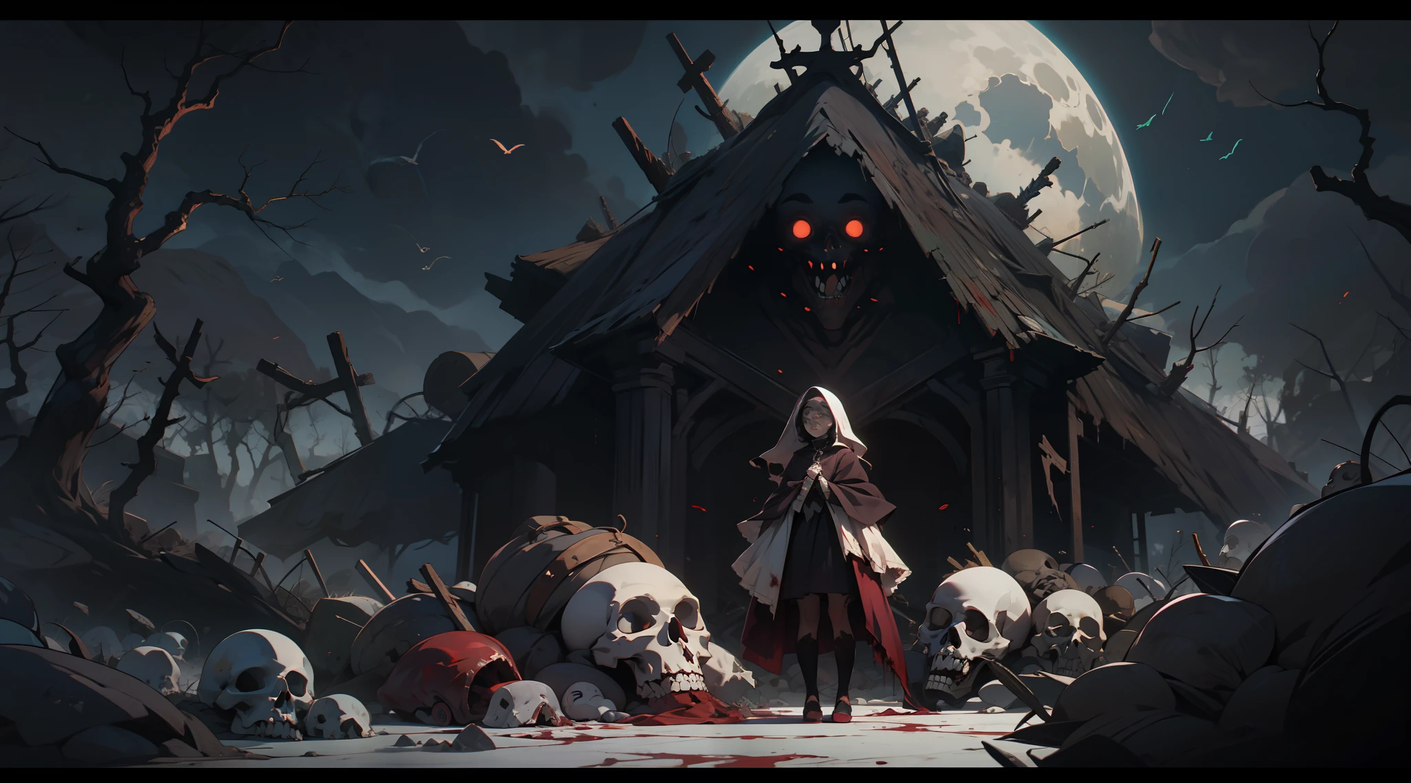barren world, corpses piled up,  girl with ragged clothes in the middle of a giant frame full of corpses , lots of blood, (dark world), gothic style, nsfw