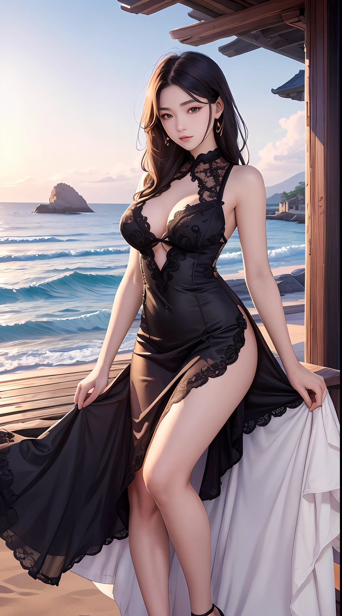 Masterpiece of the best quality，Very detailed details，Detailed eyes，cover，idol，erogenous，lifelike，A 20-year-old Asian girl，Long, fluffy black hair，Delicate fair face，Eyes with rich expressions，Pink lace dress，Very feminine，long thin legs，On the beach by the sea，The waves lap your feet，A visual spectacle --auto