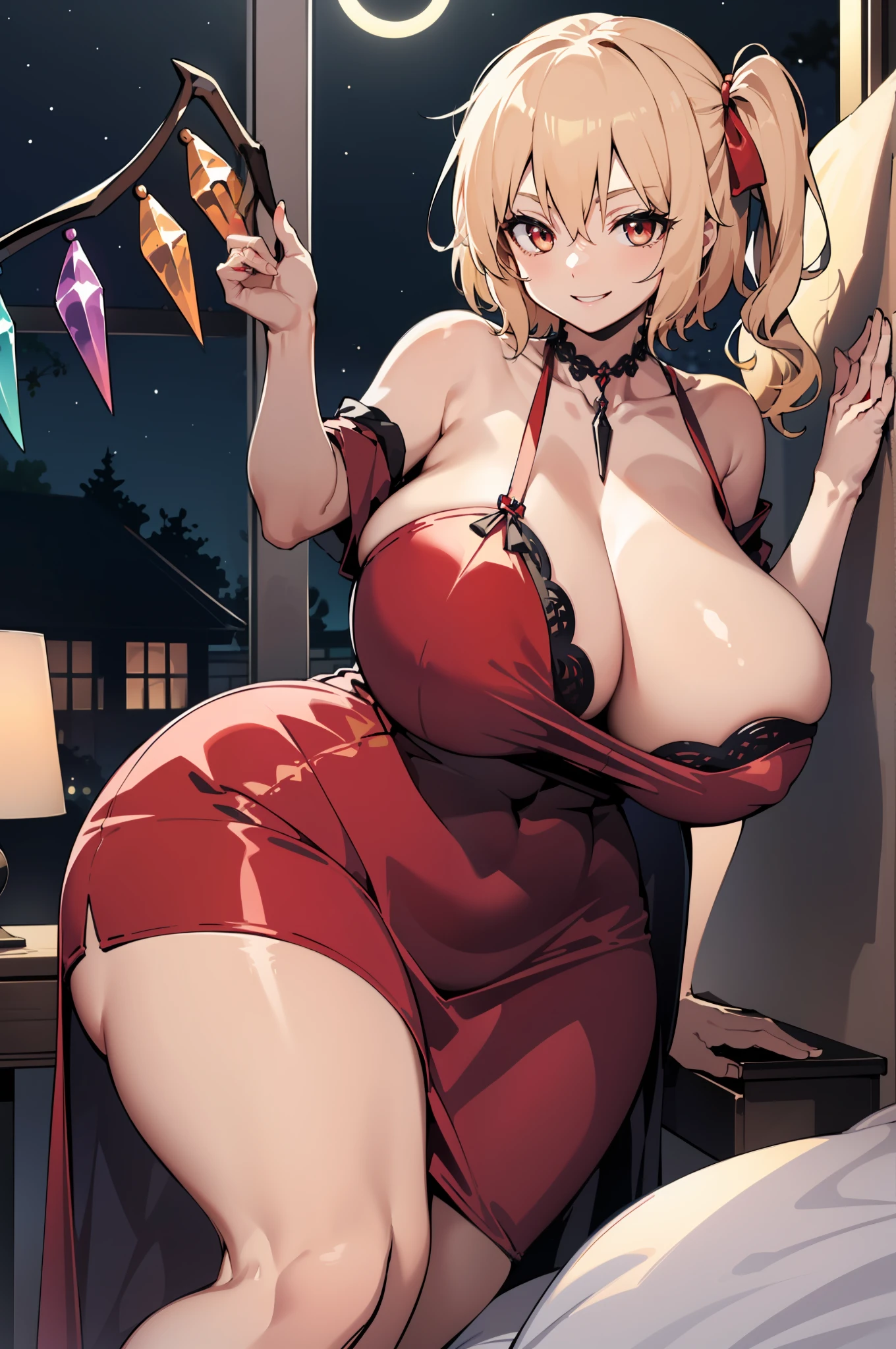 (Delicate hand depiction) (Bedroom bed at night) ((Colossal breasts 2.5)) (Adult 2.5) (Flandre Scarlet) (Flappai) (Crimson eyes) Grown body Big breasts Boobs Cleavage (Gentle MILF) Blonde Long Hair Dress Long Skirt Smiling