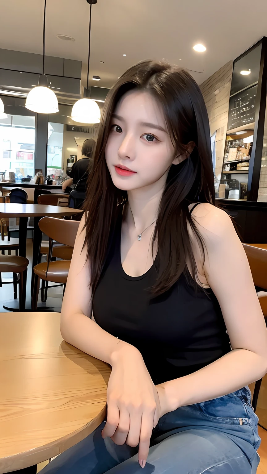 (Realistic, High resolution:1.2), 1 girl, super fine face and eyes, long hair, tight black tank top with black jacket, short jeans, sitting on coffee chair, in café, coffee on table, big breasts