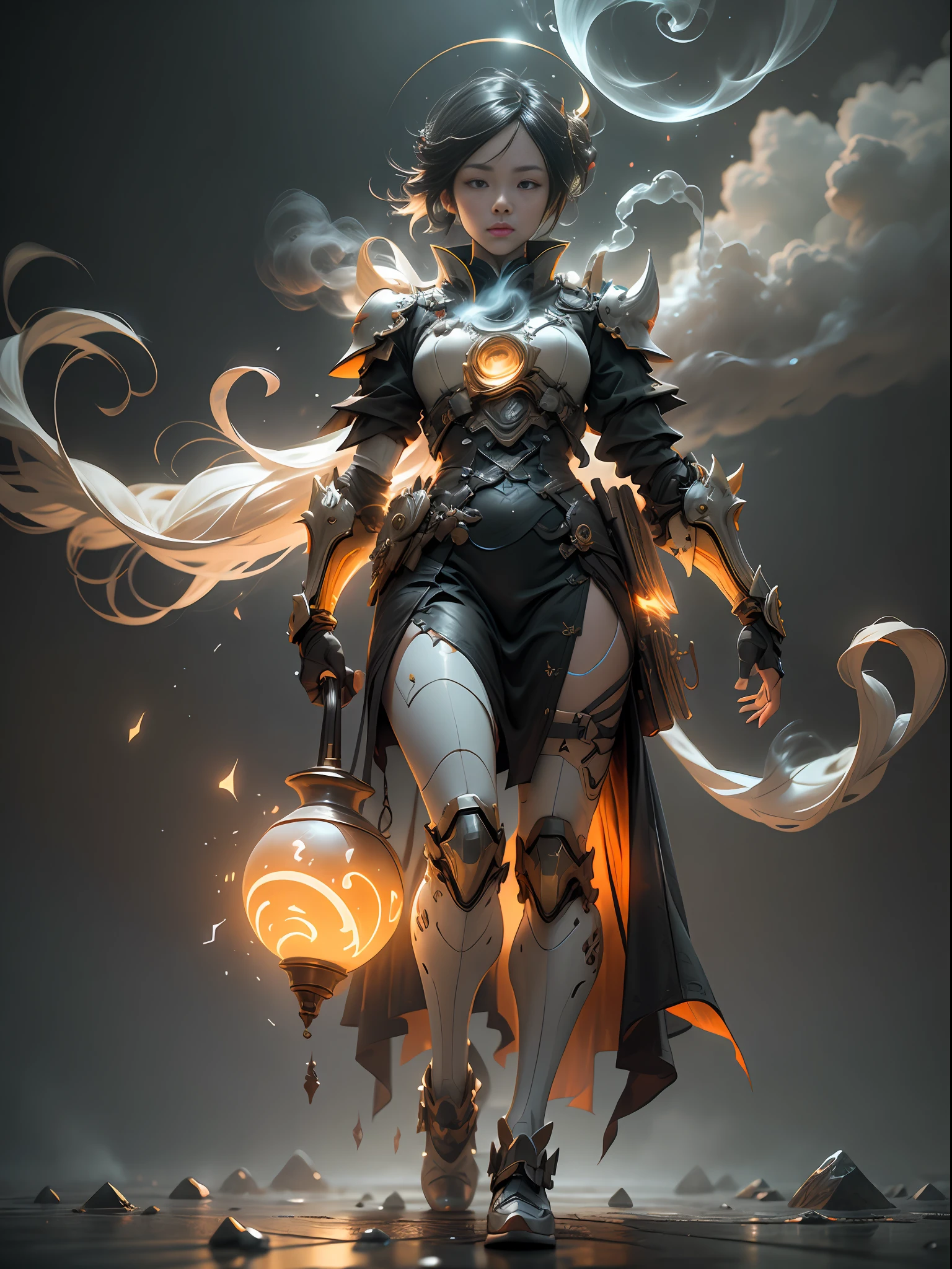 Ghost music mage holding pipa guzheng, super cool ghost mage, fuqin, guzheng, pipa, orange armor, wearing orange mechanical armor, smoke surrounding, musical notes, cloud smoke surrounding, glowing eyes, holding musical instruments, imposing walking, positive perspective, perfect body proportions, tall figure, tall height, full body photo, super detail, looking up view, IP by pop mart, edge light, avatar, octane rendering, blender, full body, clean black background, 3d, c4d, Best Quality, Very Detailed, Ancient Technology, HDR (High Dynamic Range), Ray Tracing, NVIDIA RTX, Super Resolution, Unreal 5, Subsurface Scattering, PBR Textures, Post-processing, Anisotropic Filtering, Depth of Field, Maximum Clarity and Acutance, Multi-layer Textures, Albedo and Highlight Maps, Surface Shading, Accurate Simulation of Light-Material Interactions, Perfect Proportions, Octane Rendering, Two-tone Lighting, Low ISO, White Balance, Rule of Thirds, Wide Aperture, 8K RAW, High Efficiency Subpixels, Subpixel convolution, luminescent particles, light scattering, Tyndall effect