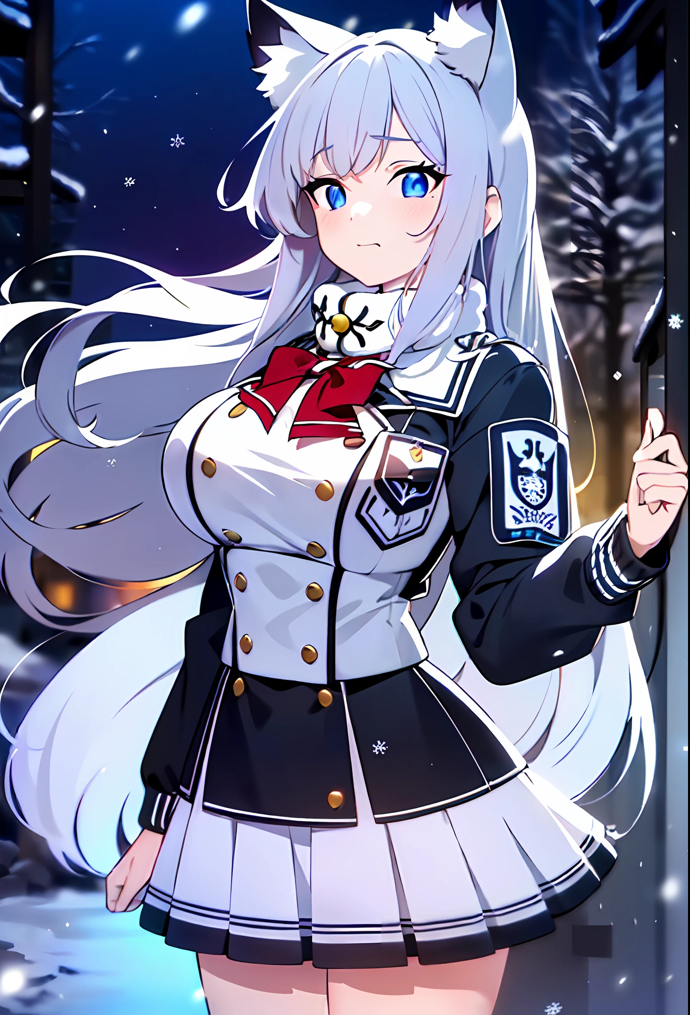 (sunaookami shiroko:1.2), {{{{masterpiece, extremely detailed, intricate details, soft focus, 8K, highres, depth of field, absurdres, high quality facial shadowing, dynamic shadowing, extreme shaders, cinematic lighting, perfect lighting, soft lighting, hazy lighting, blurry foreground, lens flare}}}}, best quality, asian qualities, {front view}, (solo:1.2), (beautiful young girl:1.3), high school girl, {{{extremely detailed girl, perfect anatomy, perfect body}}},(detailed cat ears:1.3), bright neon blue cat ears:1.1, (beautiful-detailed hair:1.3), (dark-silver hair:1.3), long luscious hair, (multi-layered hair:1.5), (hair splayed out:1.2), beautiful-detailed facial structure, detailed beautiful face:1.3, sexy face, cute face, slender facial structure, (detailed face:1.33), big eyes, (detailed glowing eyes:1.1), glowing bright blue eyes, (detailed facial expression:1.1), shy, detailed-slight red blush, (detailed boobs:1.2), medium size boobs, (slim waist:1.1), (slim legs:1.1), standing up, (winter school uniform:1.3), (detailed pure white winter school jacket:1.2), (detailed pure white checkered winter school skirt:1.2), (detailed pure white socks:1.2), (detailed black school shoes:1.3), winter night, (enhanced background:1.4), snow falling at midnight with clear skies overhead with a waterfall in the background, snow on sidewalks with Christmas lights on tree's surrounded the viewer, (full body shot:1.1), hazy photo, (warm photo:1.3)