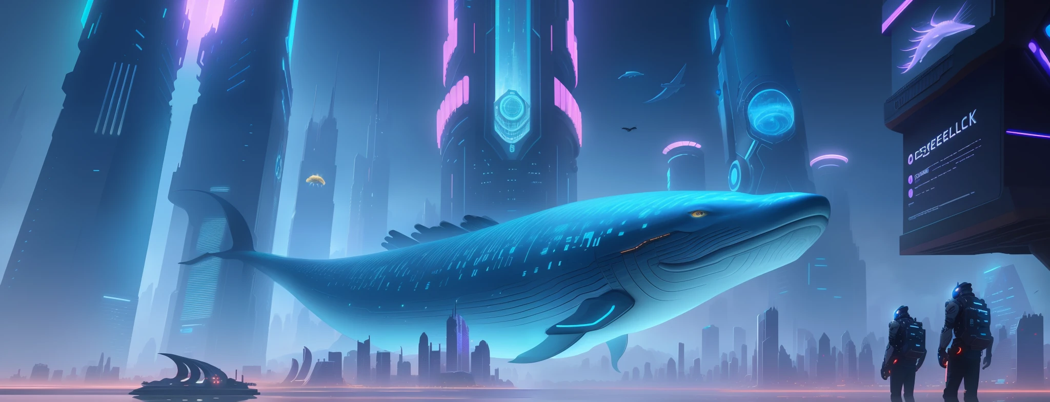 Futuristic city,Super mechanical blue whale,, metaverse concept art, sky whales, in front of a sci fi cityscape, cyberpunk atlantis, closeup cinematic aquatic scene, holographic creatures, raytrace concept art, concept art 8 k resolution, concept art 8k resolution