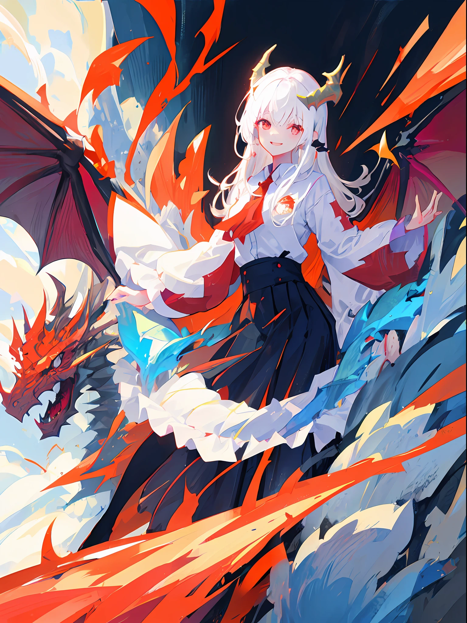 1girls、Dragon、Red eyes、Sharp eye light、Student uniform、Sorrisos、White hair、Dragon Wings、Dragon's horn、Dragon's tail,