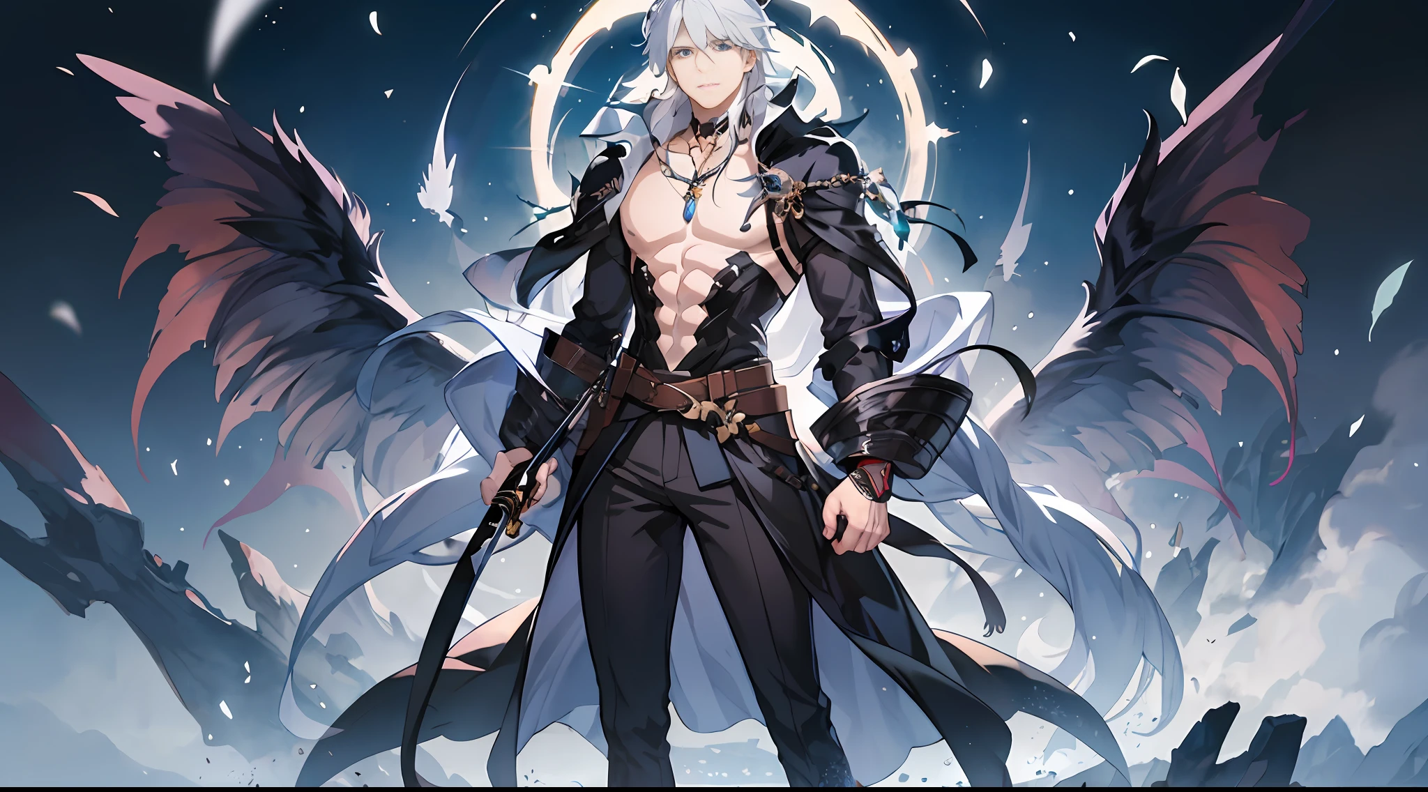 anime character with wings and a sword standing in front of a full moon, beautiful male god of death, 《genshinimpact》in the clear, by Yang J, handsome guy in demon slayer art, white haired deity, skinny male fantasy alchemist, shadowverse style, Tall anime guy with blue eyes, demon male, trending on artstation pixiv, male anime character