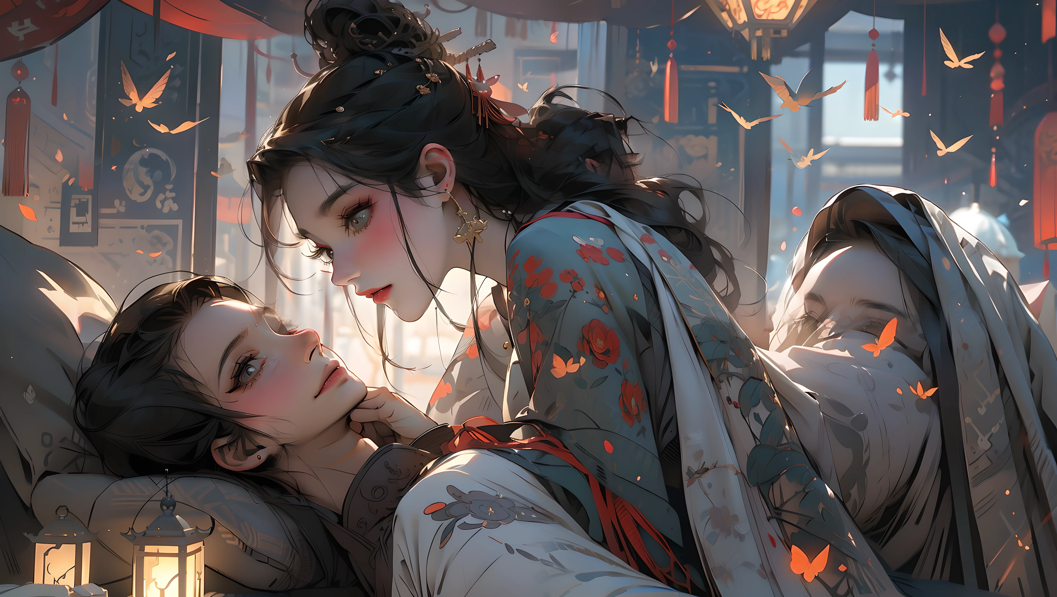 The two looked at each other,Side face,A man and a woman,The girl presses down the boy,two-dimensional,Smooth hair,best qulity,master-piece,hyper detailed,Extreme detail,8k壁紙,Realistic details,Cinematic Lights,dynamicangle,World Mastery Theatre,best qulity,Extremely delicate,Perfect face,exquisite facial features,The Perfect Hand,Delicate lashes,exquisite eyes,Ancient Chinese hairstyle,Red lanterns,the golden ratio,Melancholy expression,grin,rose petals,Light and shadow tracking,
