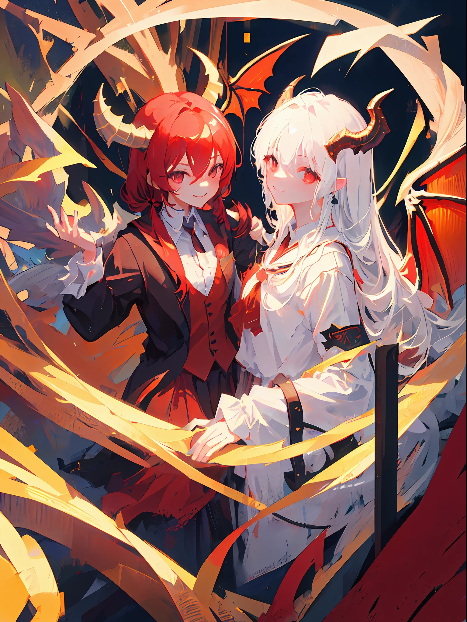 1girls、Dragon、Red eyes、Sharp eye light、Student uniform、Sorrisos、White hair、Dragon Wings、Dragon's horn、Dragon's tail,