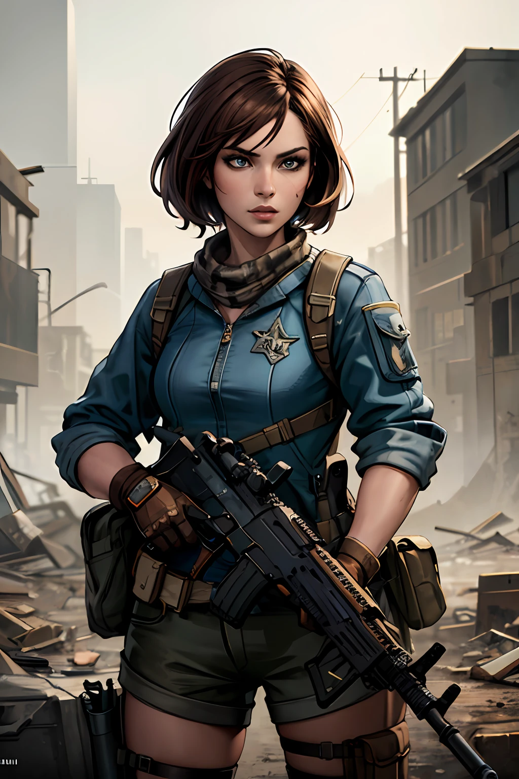 masterpiece, best quality, 8k, artstation, wallpaper, splash art, sharp focus, beautiful woman, in post-apocalyptic wasteland. wearing survivor gear, (solo), (using an assault rifle), (brown hair), dark blue eyes