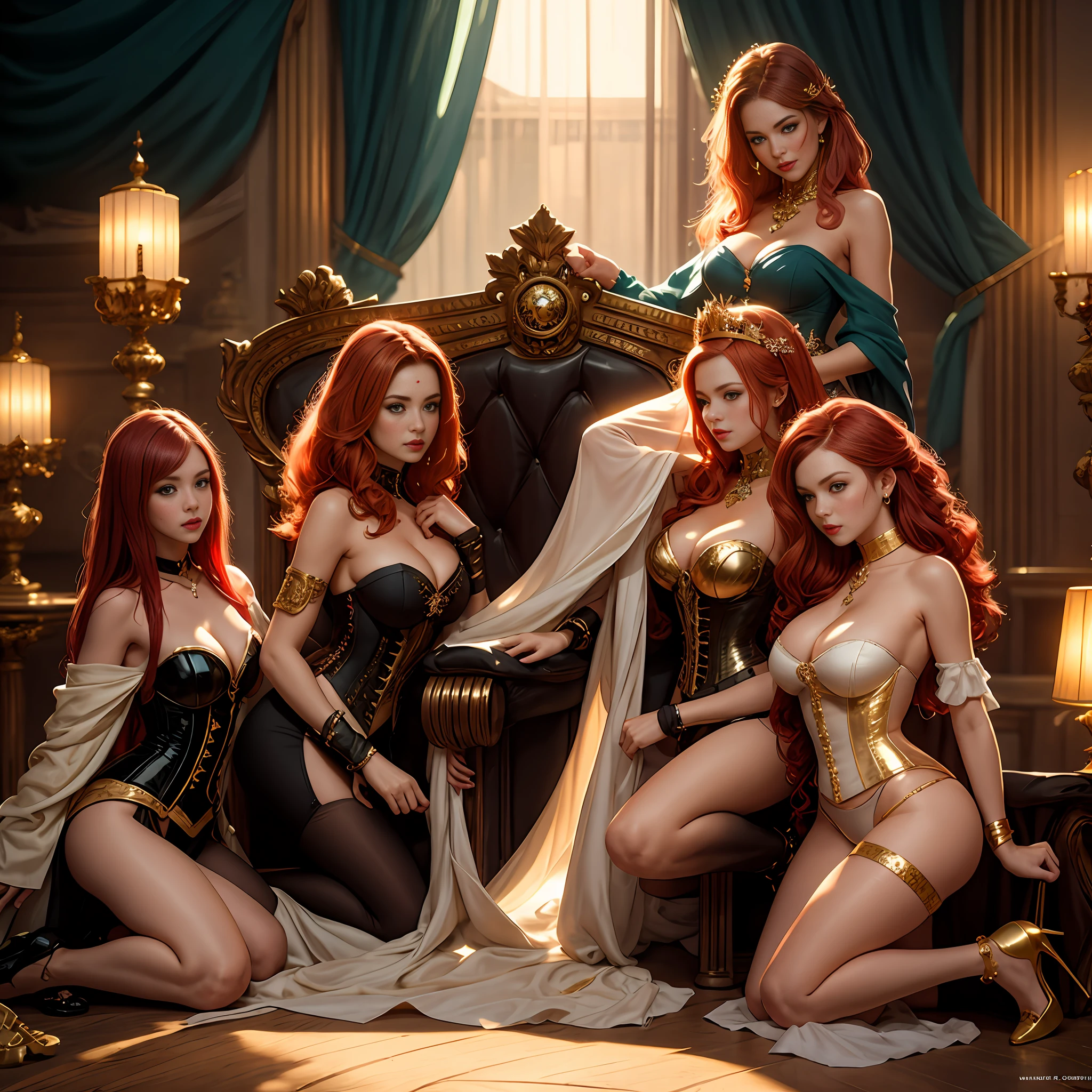 Noble Queen sitting on the throne, gold carved throne, wearing gold stiletto heels: 1.5, luxurious, gorgeous, glamorous, four beautiful slave girls in transparent skirts kneeling under the throne, corset, strapless, kneeling on the ground, jewelry, lots of jewelry, full body jewelry, royal palace, Tyndall light effects, high resolution, masterpiece, 8K, 2.5D CGI, popular on CGSTATION, popular on CGSTATION, popular on CGSTATION, Ruan Jia and ArtGerm, such as ArtGerm, WLOP and ArtGerm, IG models|Artgerm Artgerm and WLOP, WLOP and Sakimichan，KDA，style of artgerm,  [ginger | pink hair], freckles, flirting with camera, side boob, cameltoe (transparent material), ((camel toe)), (red hair, freckles, huge breasts, nearly naked, underboob), sheer loin cloth,