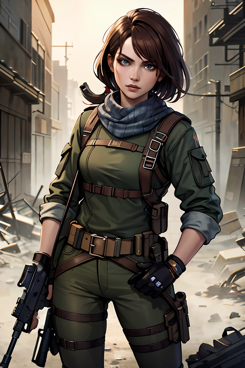masterpiece, best quality, 8k, artstation, wallpaper, splash art, sharp focus, beautiful woman, in post-apocalyptic wasteland. wearing survivor gear, (solo), (using an assault rifle), (brown hair), dark blue eyes