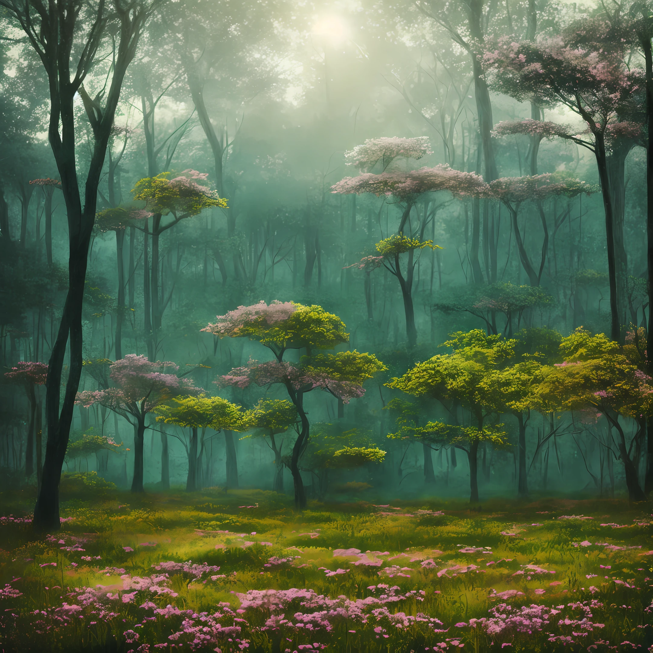 A forest trees of dry branches swamp mist purple flowers rays of sun depth field 1:2 ultra realistic great quality well detailed masterpiece award-winning photo intricate absurdly magical gothic enigmatic cinematic style pure magic extremely realistic magic