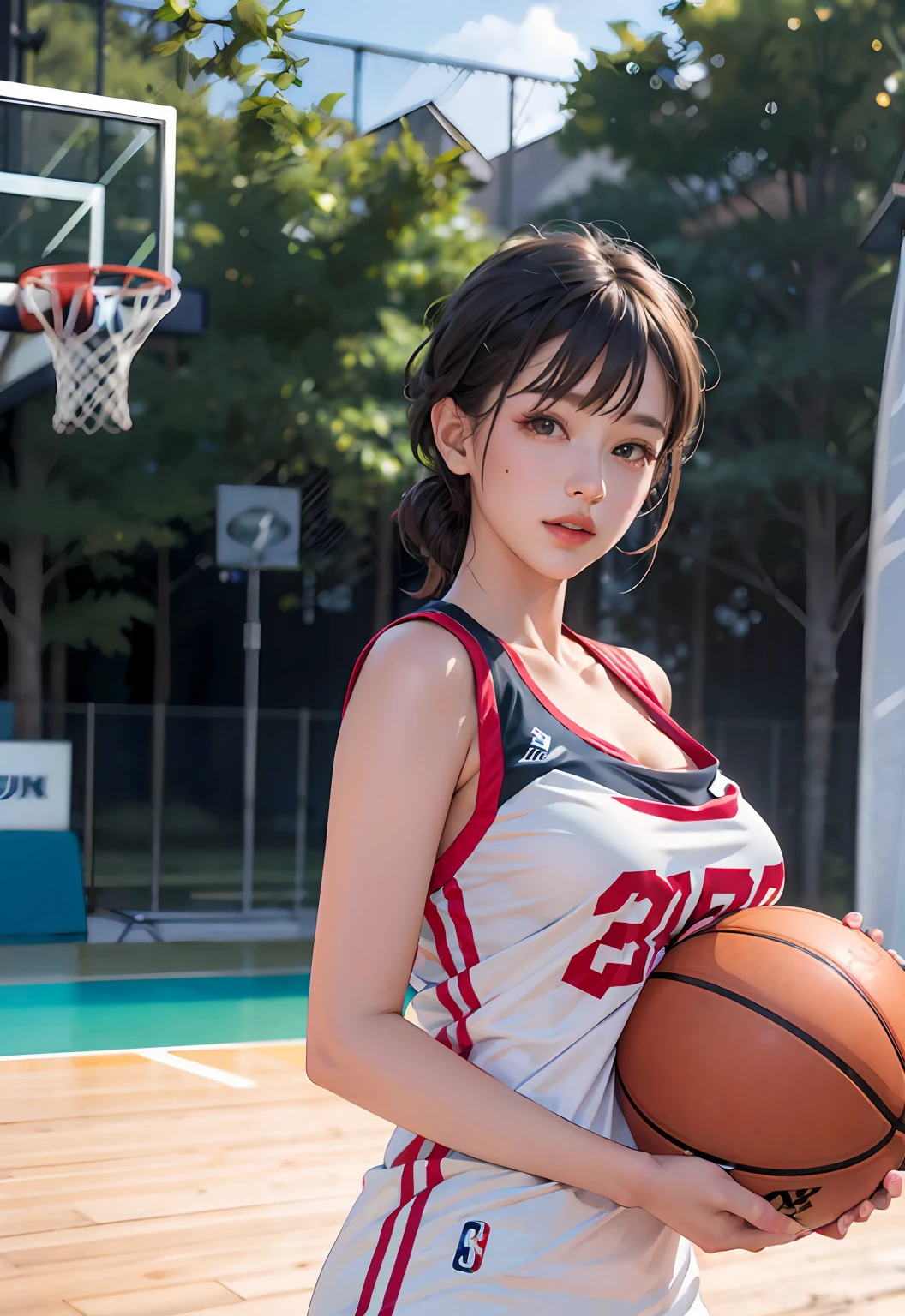 (8k, RAW photo, best quality, masterpiece:1.2), (realistic, photo-realistic:1.4), illustration, highres,hexagon,(1girl), gorgeous, rough skin, (oval face:1.1), professional lighting, photon mapping, radiosity, physically-based rendering, cute,
wear basketball uniform, large breast, ((cleavage)), at  basketball court, pureerosface_v1:0.3