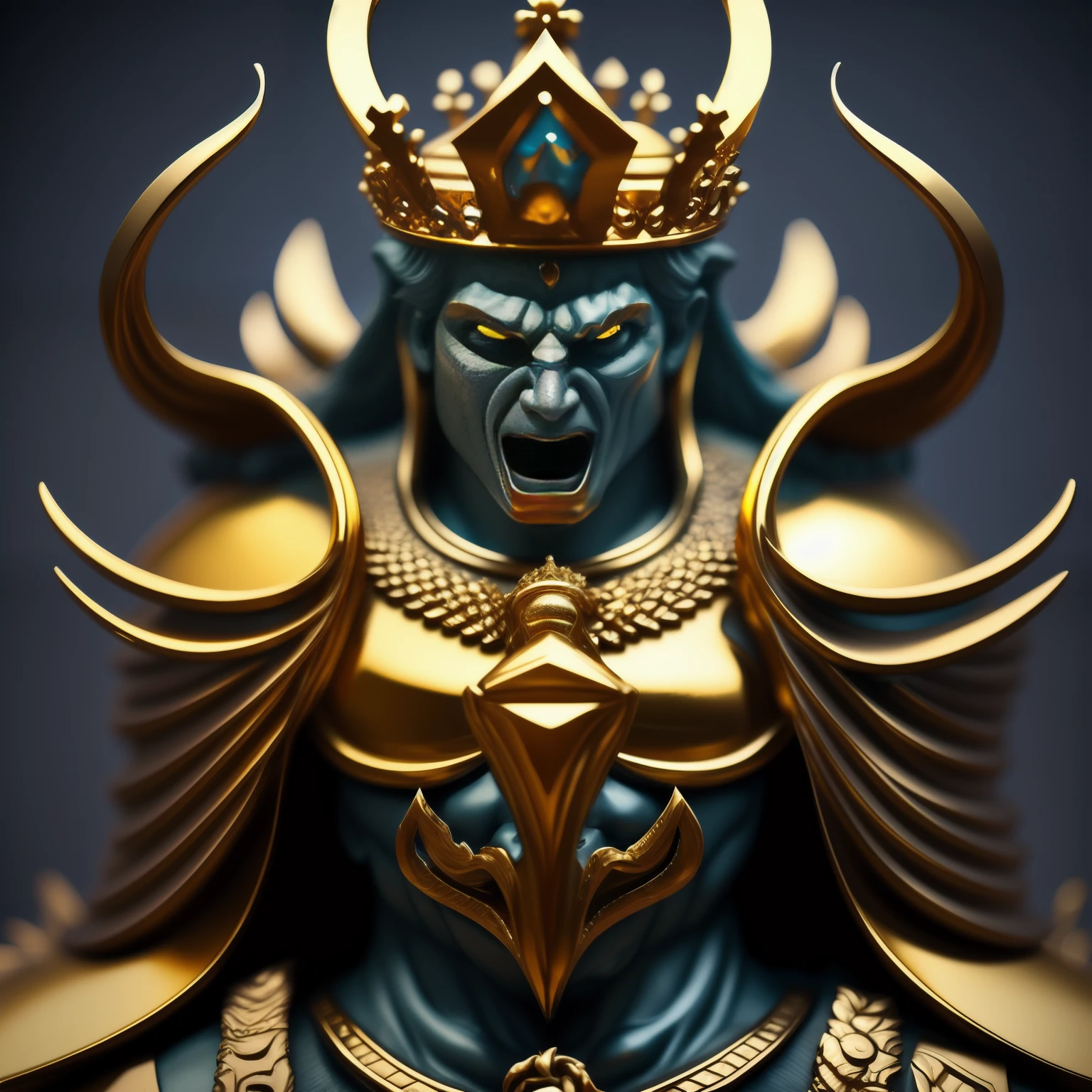 close up of a statue of a GOD with a crown on his head, Demon. Extremely high detailed shot with the best camera equipment available, beautiful male God of Death, Demon, unreal engine render + GOD, extremely detailed god shot, gold eyes, featured on contest winners, hyperdetiailed character, 3d sculture octane render 16k, Gold and Black Metal, Extreme Depth, Masterpiece.