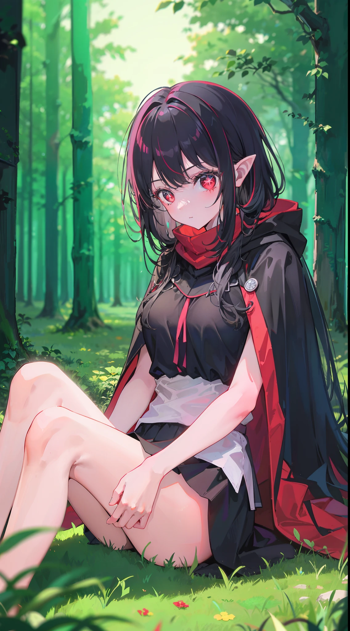 -yeld giblack color hair,Hair bangs,Glowing hair,Red eyes, glow eye,long pointy ears,Tattered cloak,large legs,Barefoot,Glowing skin,Blurred forest background,Sitting back on the grass,Hold your hands on your knees,looks at the viewer,Ultra HDR, Super detail, high resolutions, Textured skin