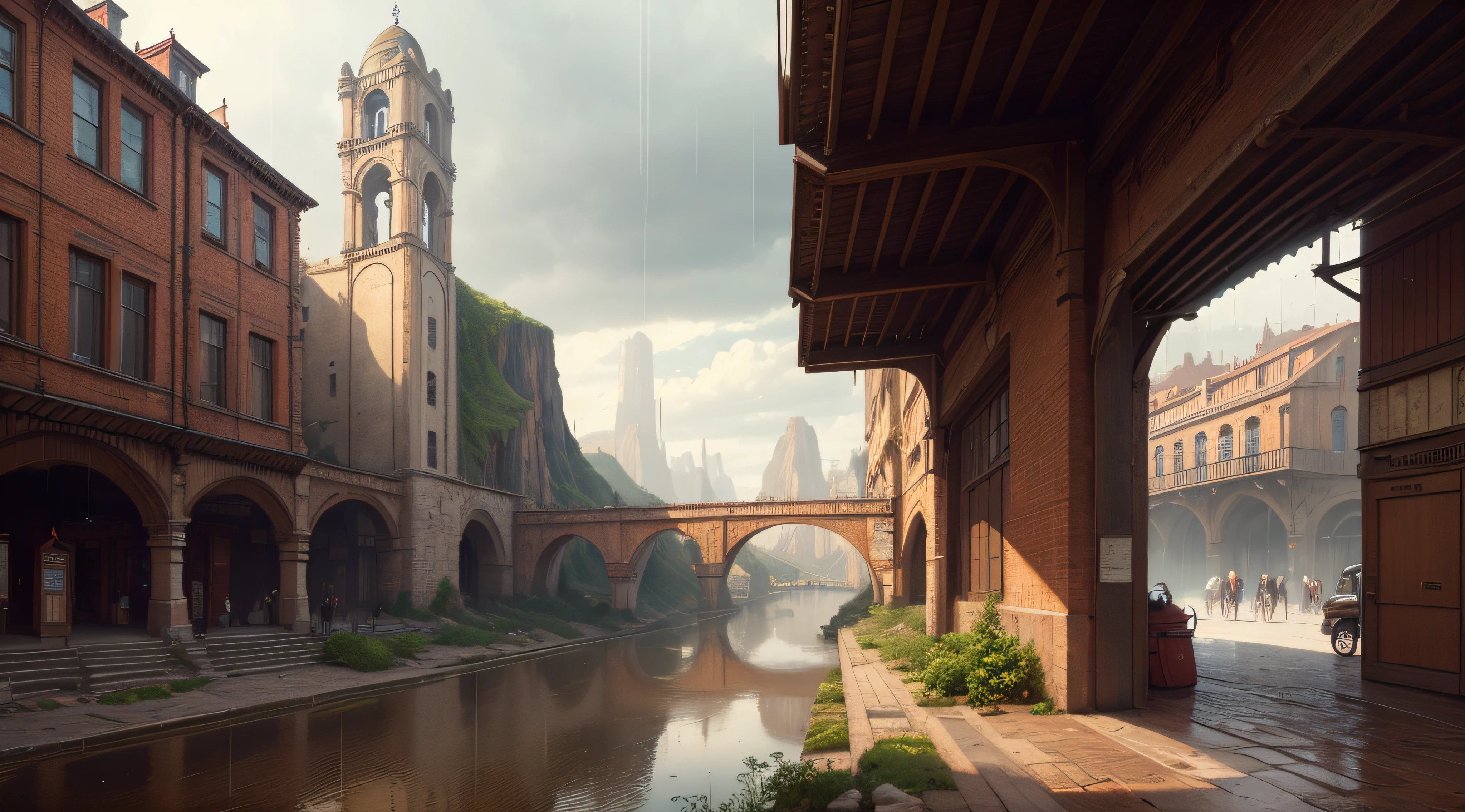 ((masterpiece)),((best quality)),((high detial)),((realistic,)) Industrial age city, deep canyons in the middle, architectural streets, bazaars, Bridges, rainy days, steampunk, European architecture