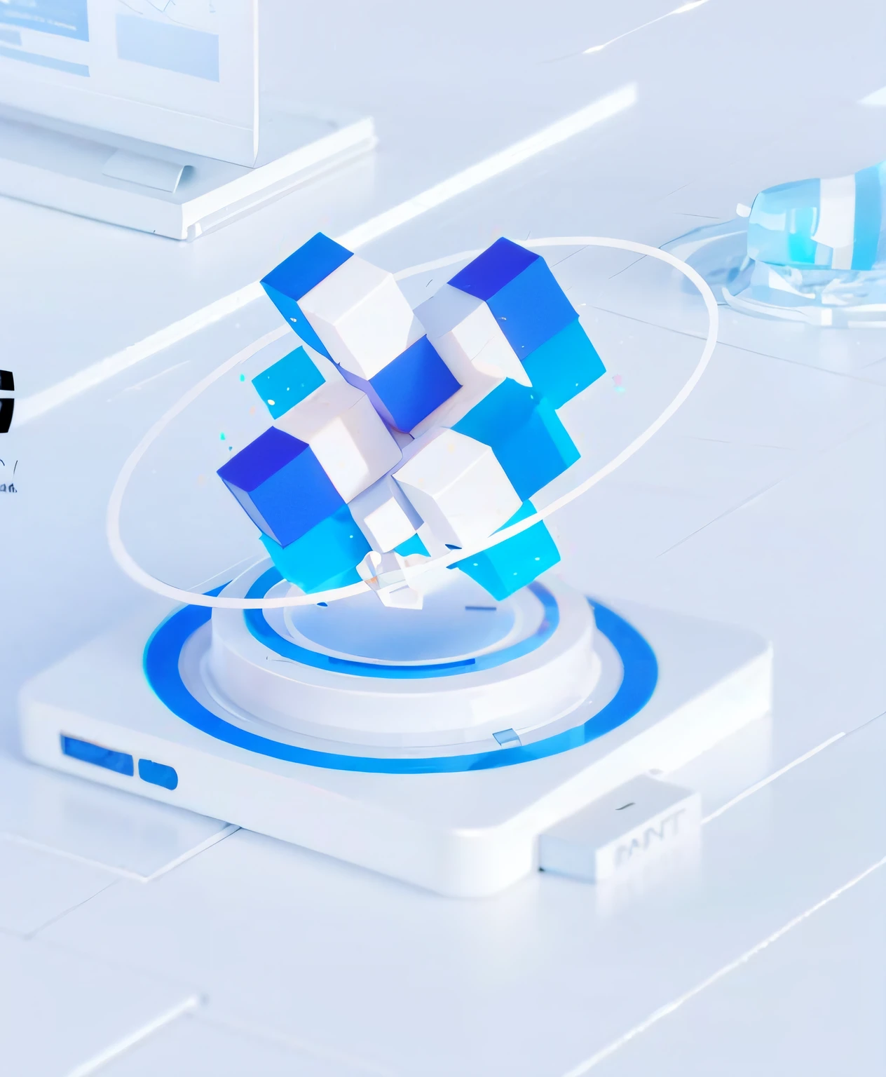 There is a white and blue object,Blue and white design, blueshift render, blockchain vault, 3 d nft, optane render, 3d isometric, 3 d isometric, tesseract, nfts, prerendered isometric graphics, isometric 8k, voxelart, soft 3d render, webgl render, Isometric 3D --auto